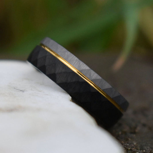 Hammered 8mm Tungsten Ring Black and Silver Brushed with Gold Accent - Tungsten Titans