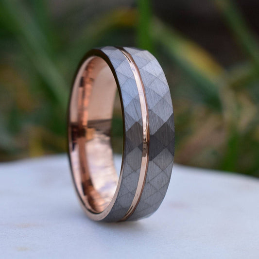 Hammered 8mm Tungsten Ring with Rose Gold Accent - Tungsten Titans