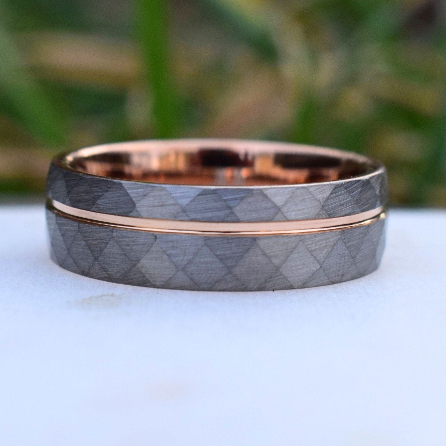 Hammered 8mm Tungsten Ring with Rose Gold Accent - Tungsten Titans