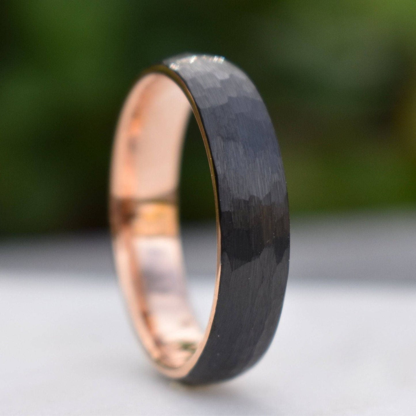 Hammered Black Tungsten 6mm Ring with Rose Gold Band - Tungsten Titans