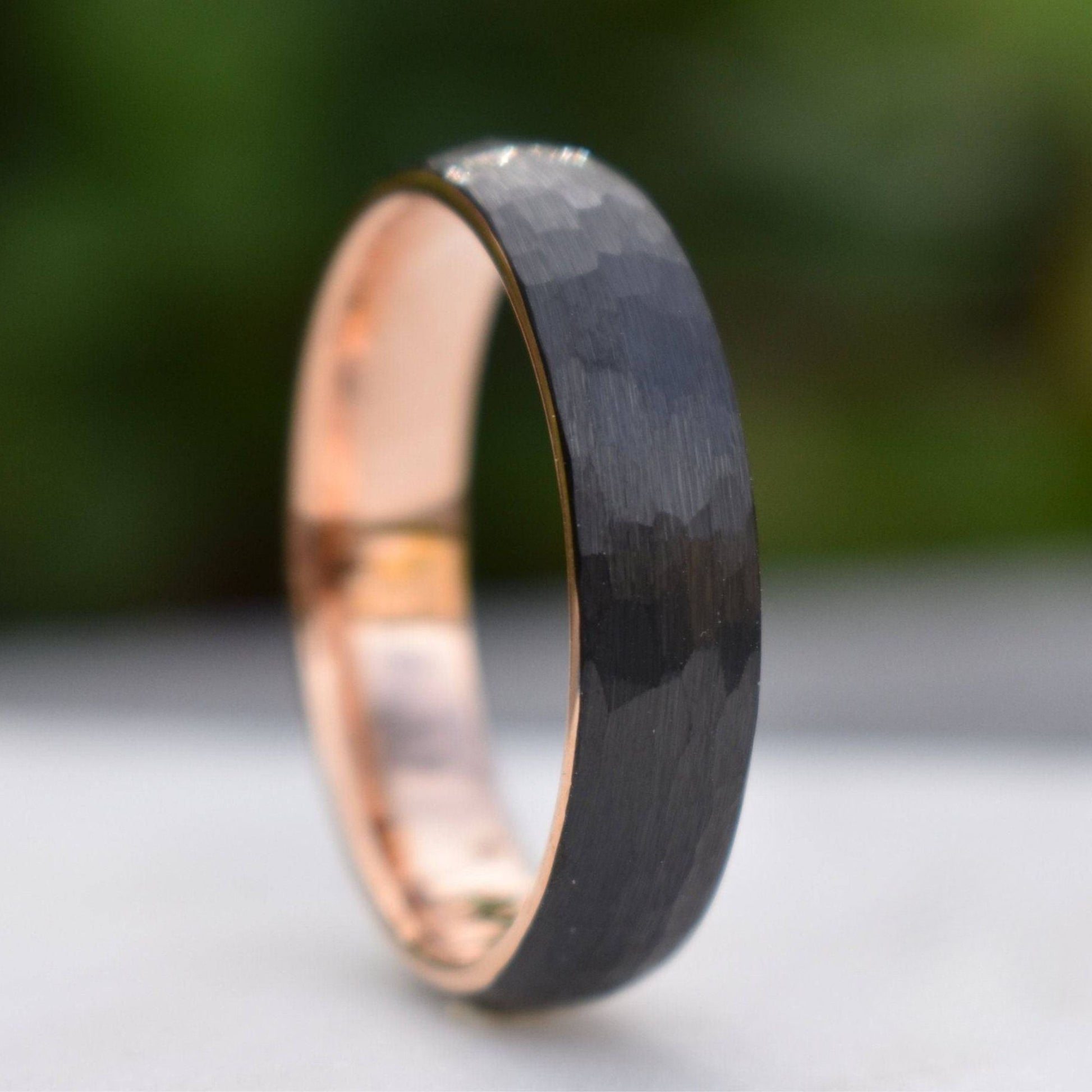 Hammered Black Tungsten 6mm Ring with Rose Gold Band - Tungsten Titans