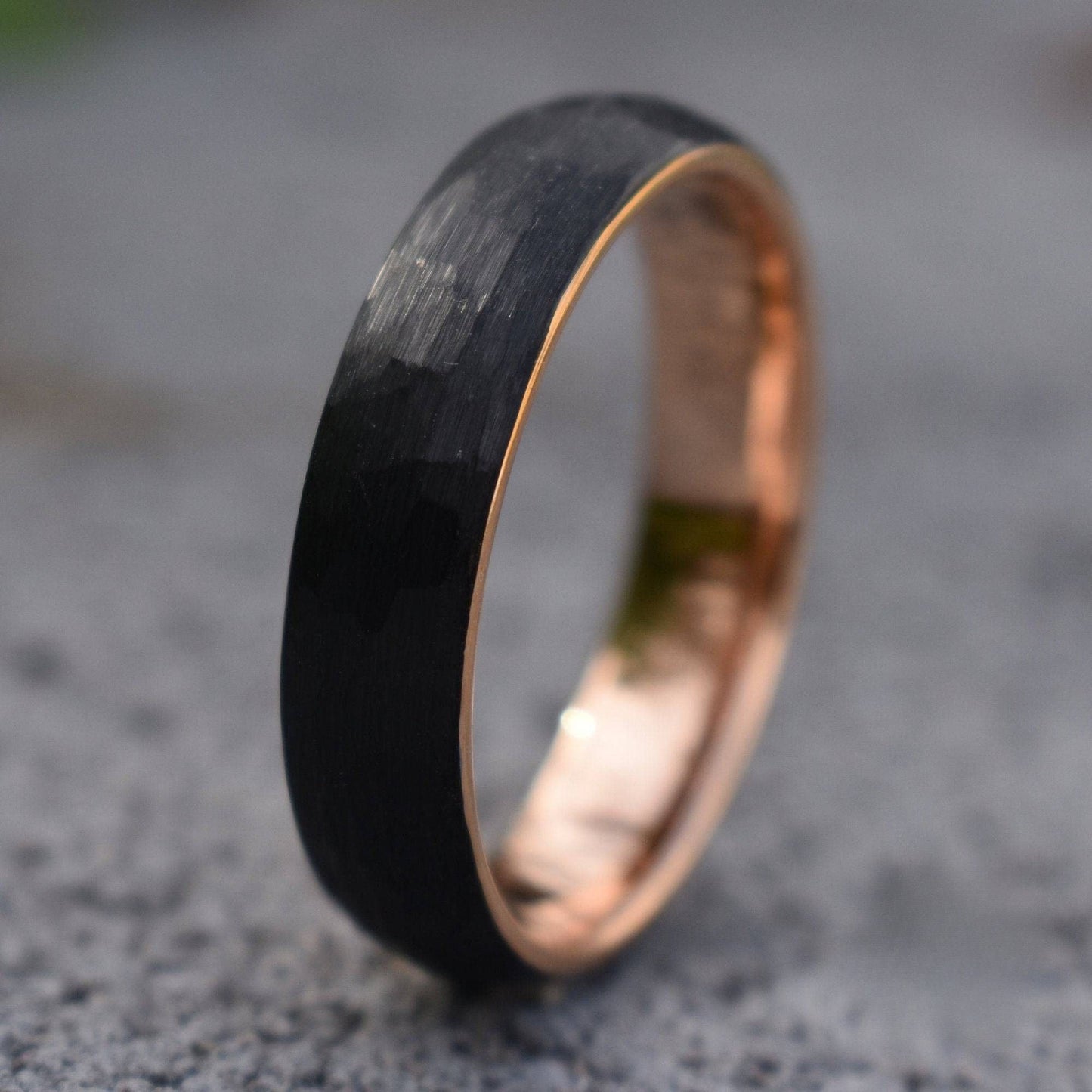 Hammered Black Tungsten 6mm Ring with Rose Gold Band - Tungsten Titans