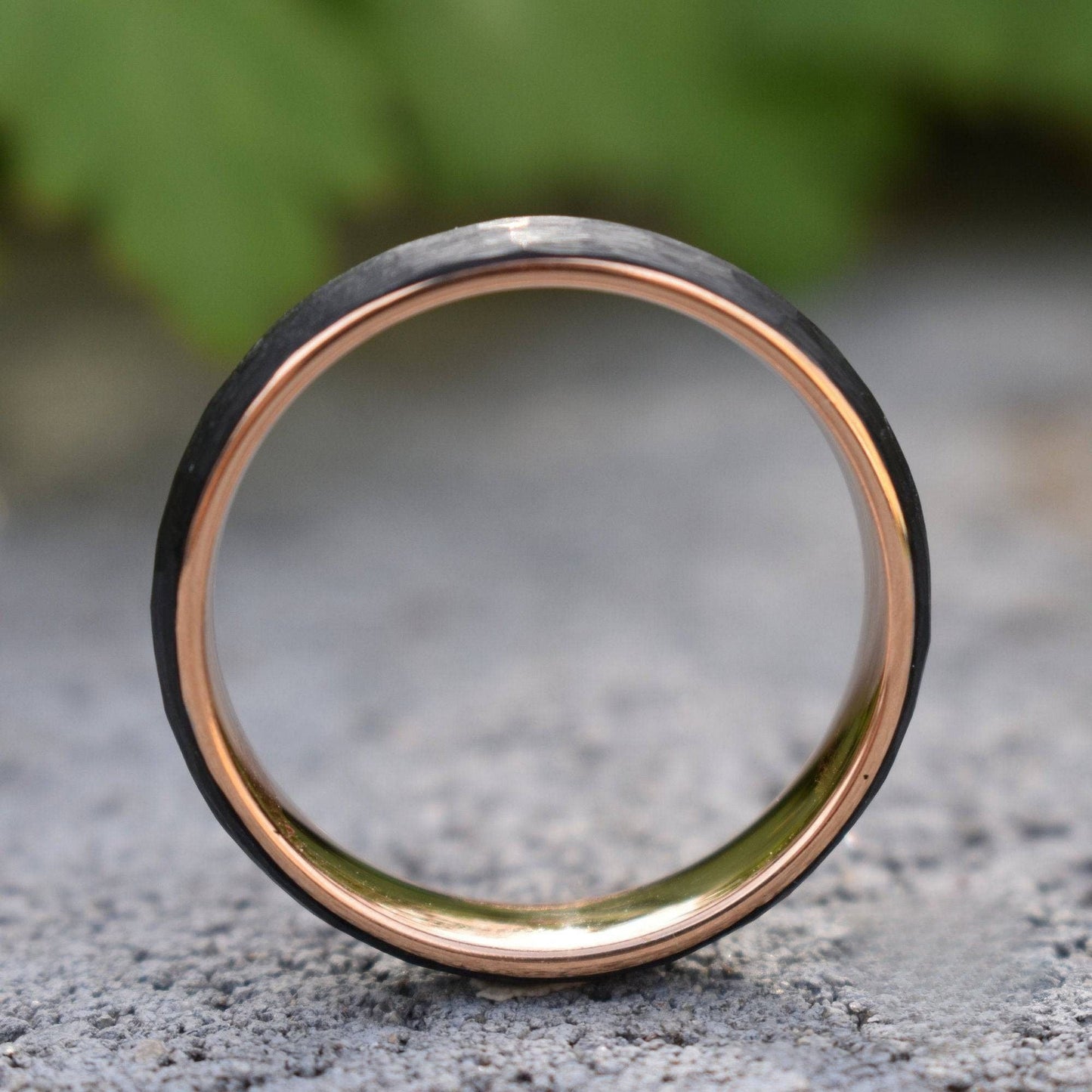 Hammered Black Tungsten 6mm Ring with Rose Gold Band - Tungsten Titans
