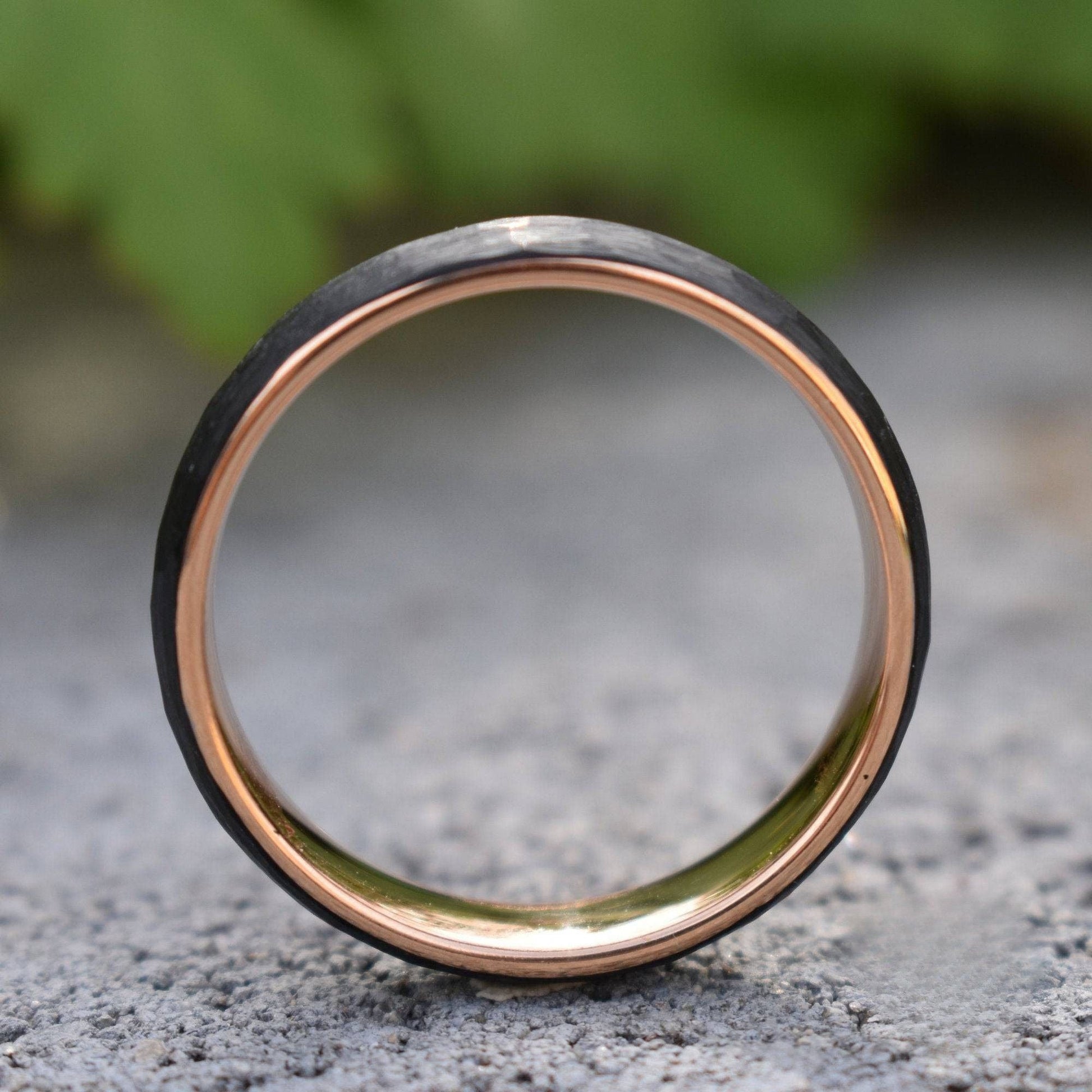 Hammered Black Tungsten 6mm Ring with Rose Gold Band - Tungsten Titans