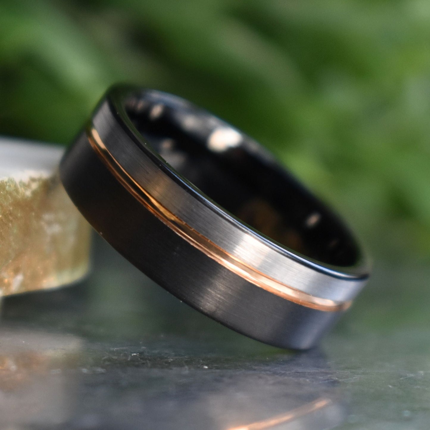 Tungsten 8mm Ring Black and Silver Brushed with Rose Gold Accent - Tungsten Titans