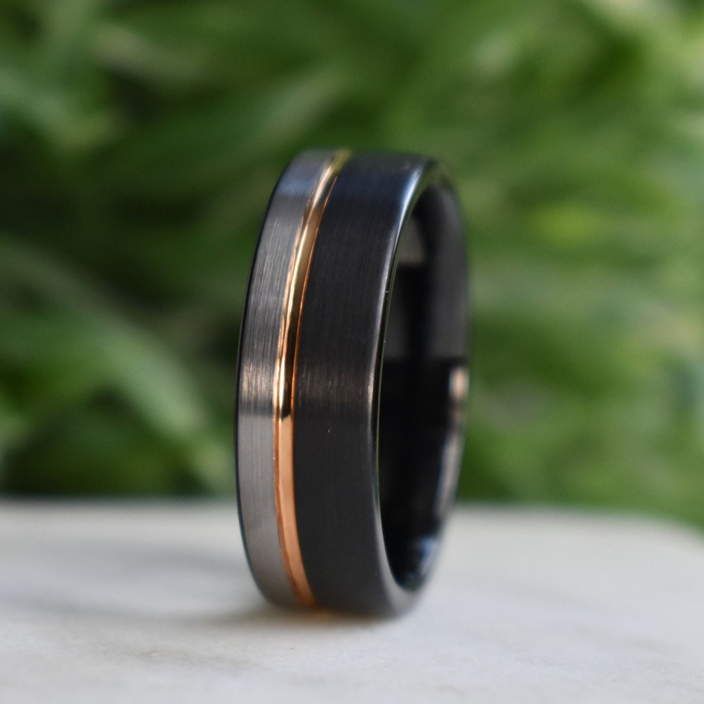 Tungsten 8mm Ring Black and Silver Brushed with Rose Gold Accent - Tungsten Titans