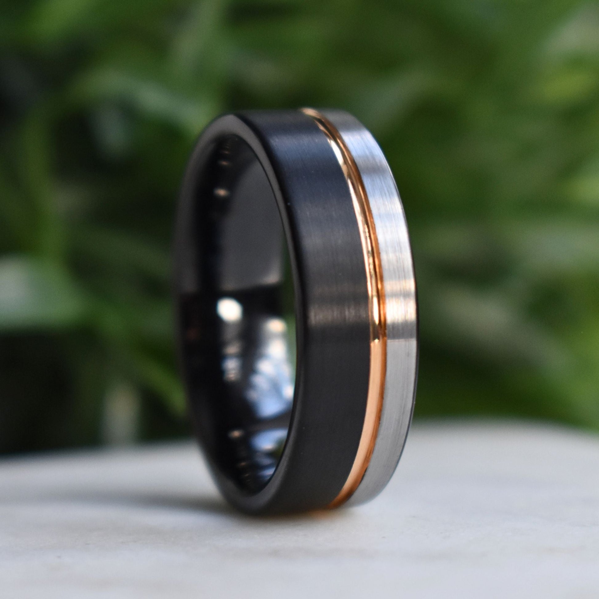 Tungsten 8mm Ring Black and Silver Brushed with Rose Gold Accent - Tungsten Titans