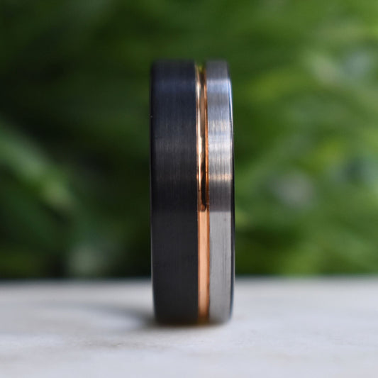 Tungsten 8mm Ring Black and Silver Brushed with Rose Gold Accent - Tungsten Titans