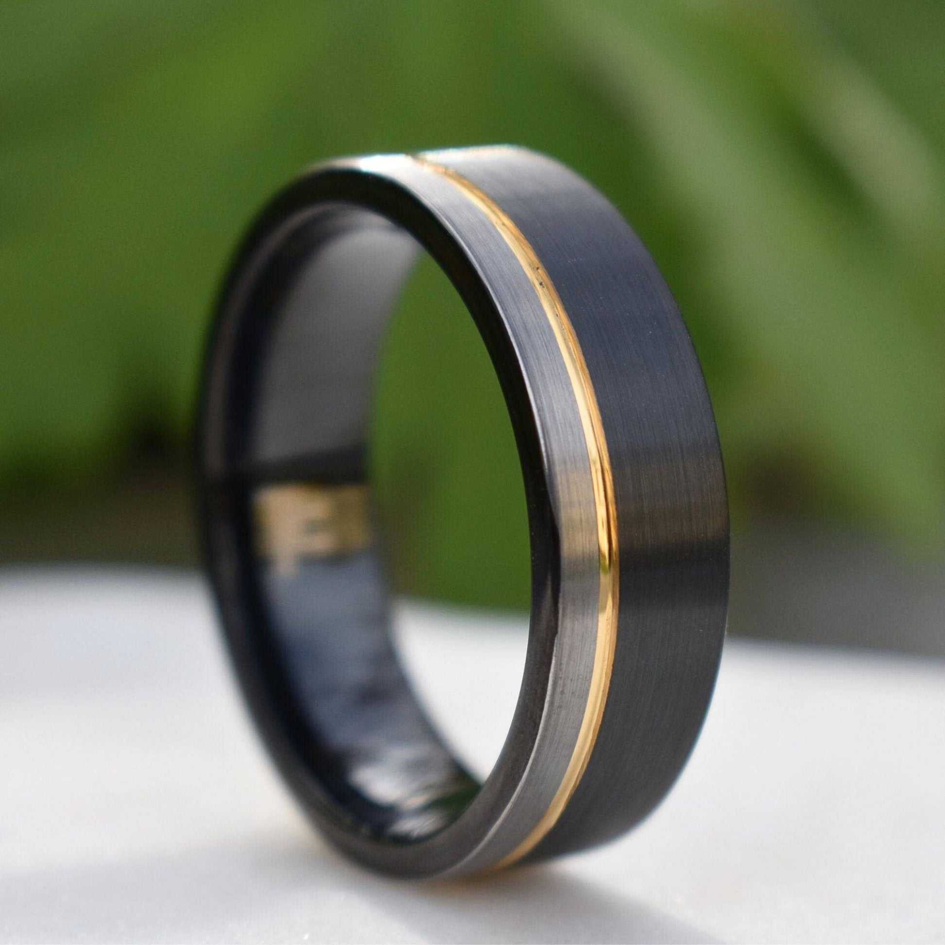 Tungsten 8mm Ring Black and Silver Brushed with Gold Accent - Tungsten Titans