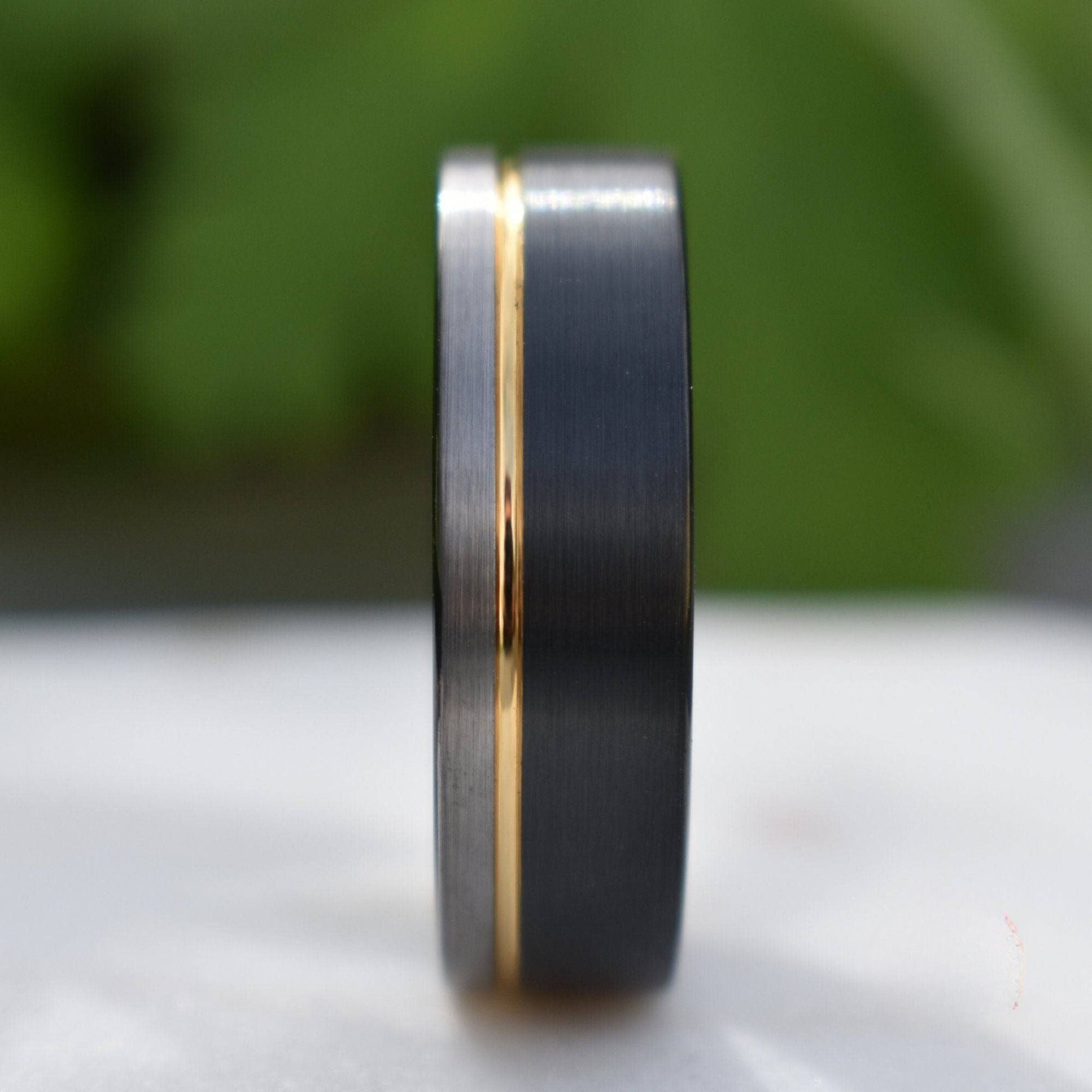 Tungsten 8mm Ring Black and Silver Brushed with Gold Accent - Tungsten Titans