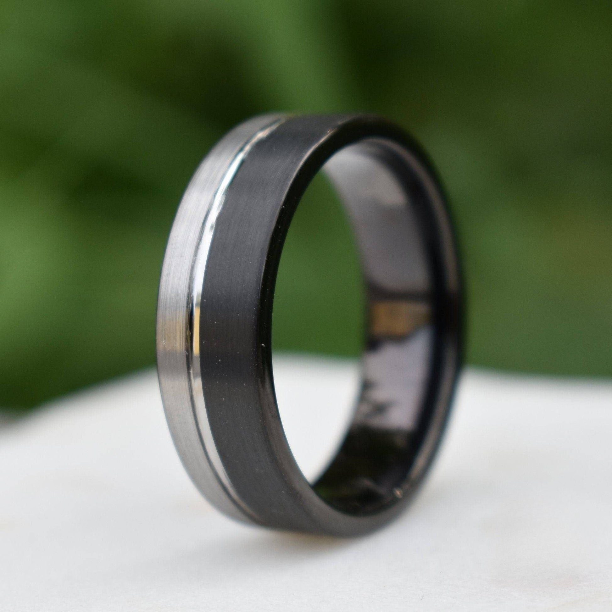 Tungsten Ring 8mm Black and Silver Brushed with Polished Silver Accent - Tungsten Titans