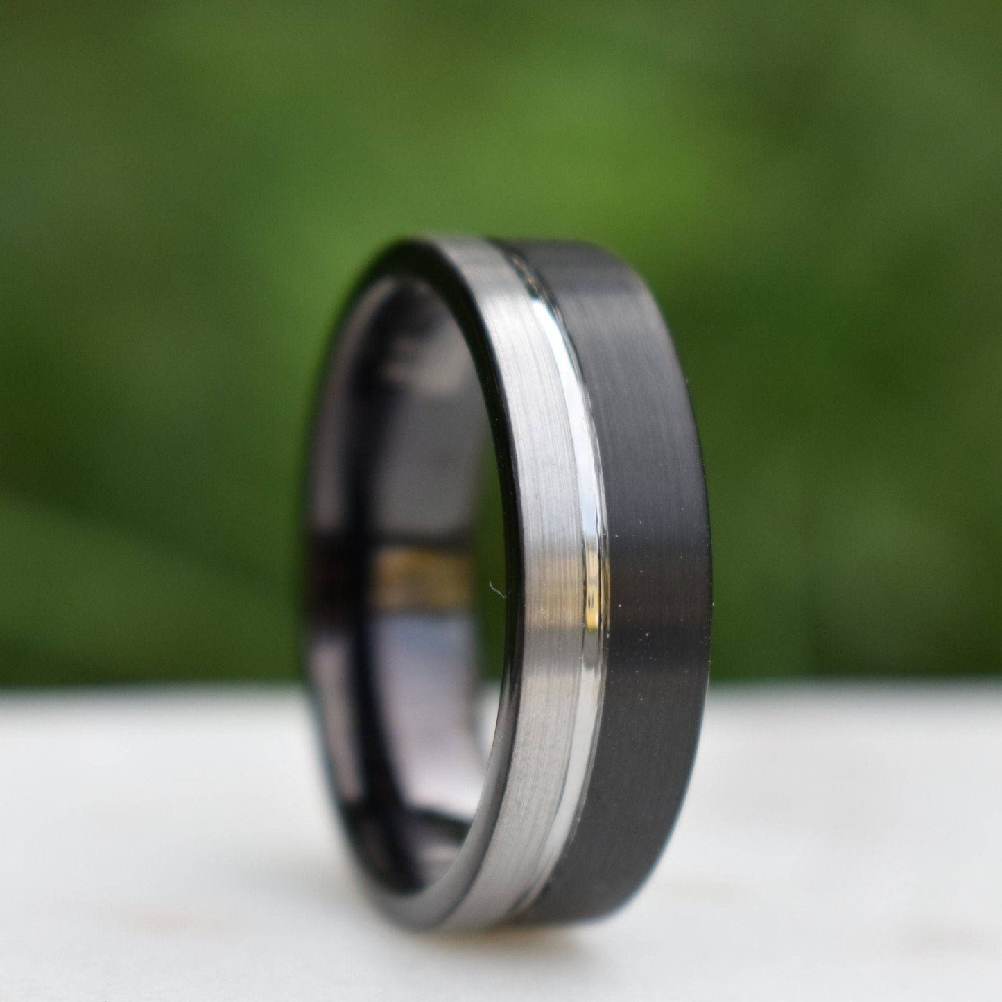 Tungsten Ring 8mm Black and Silver Brushed with Polished Silver Accent - Tungsten Titans