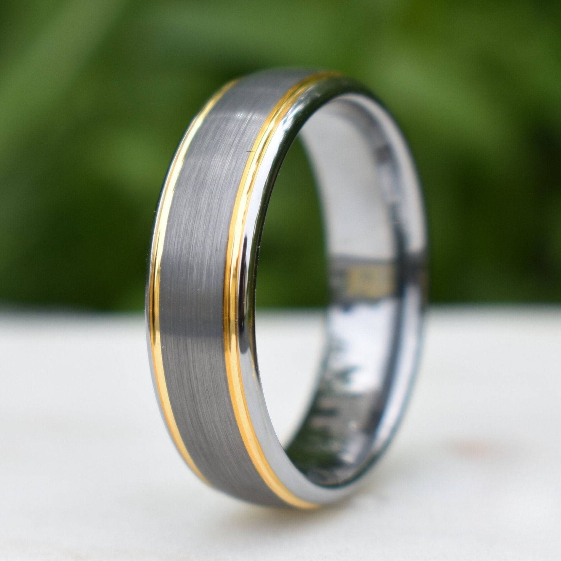 Tungsten 7mm Ring Brushed Silver with Yellow Gold Beveled Edges - Tungsten Titans