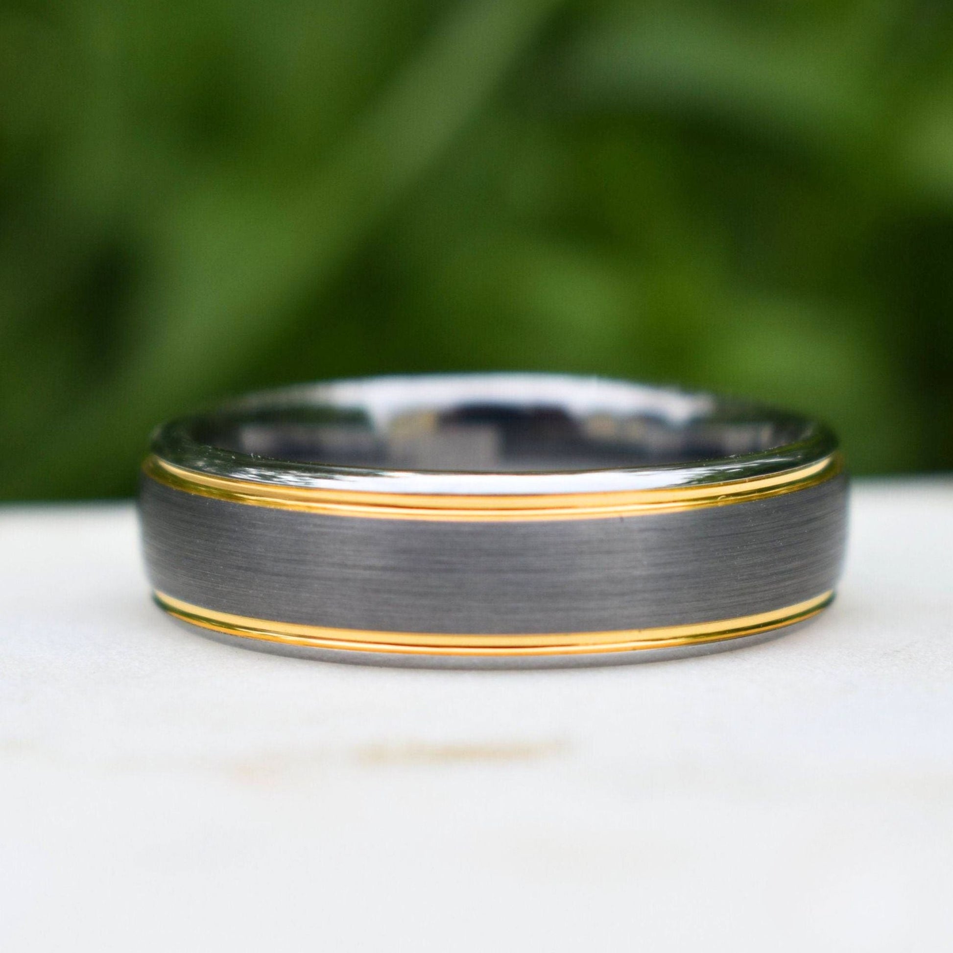 Tungsten 7mm Ring Brushed Silver with Yellow Gold Beveled Edges - Tungsten Titans