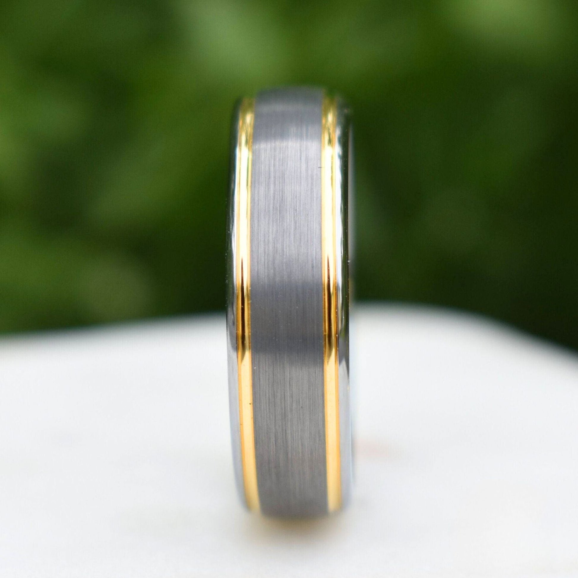 Tungsten 7mm Ring Brushed Silver with Yellow Gold Beveled Edges - Tungsten Titans