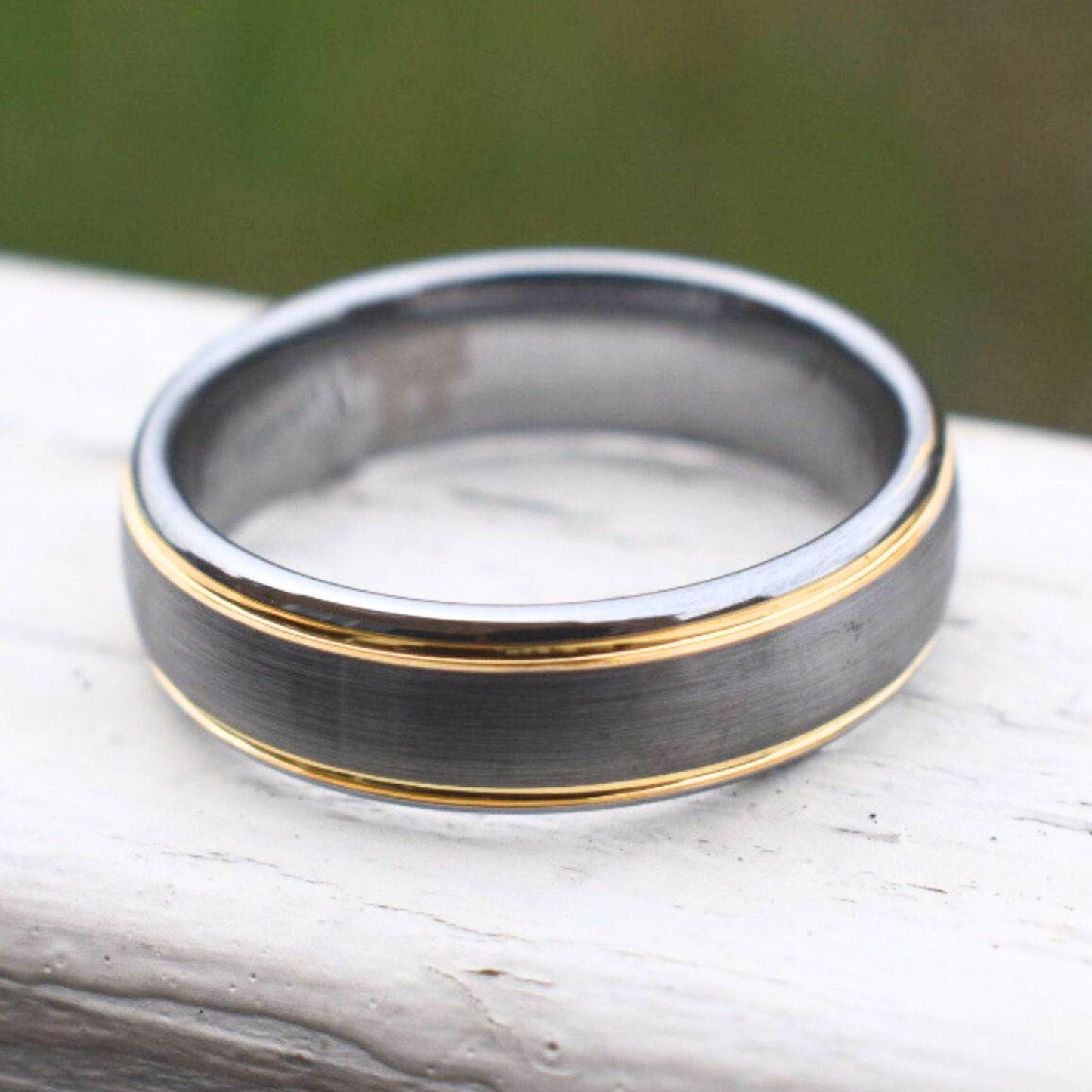 Tungsten 7mm Ring Brushed Silver with Yellow Gold Beveled Edges - Tungsten Titans