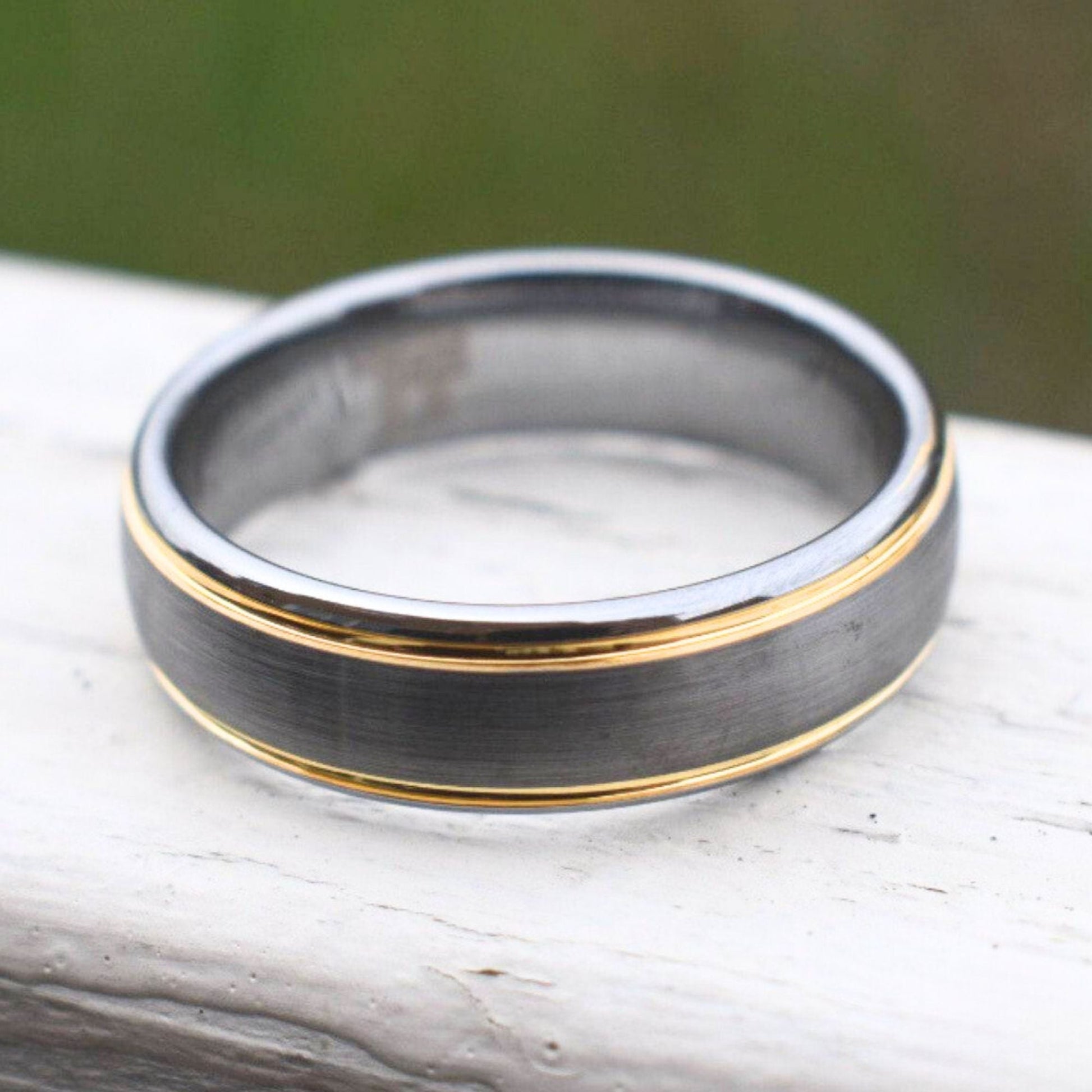 Tungsten 7mm Ring Brushed Silver with Yellow Gold Beveled Edges - Tungsten Titans