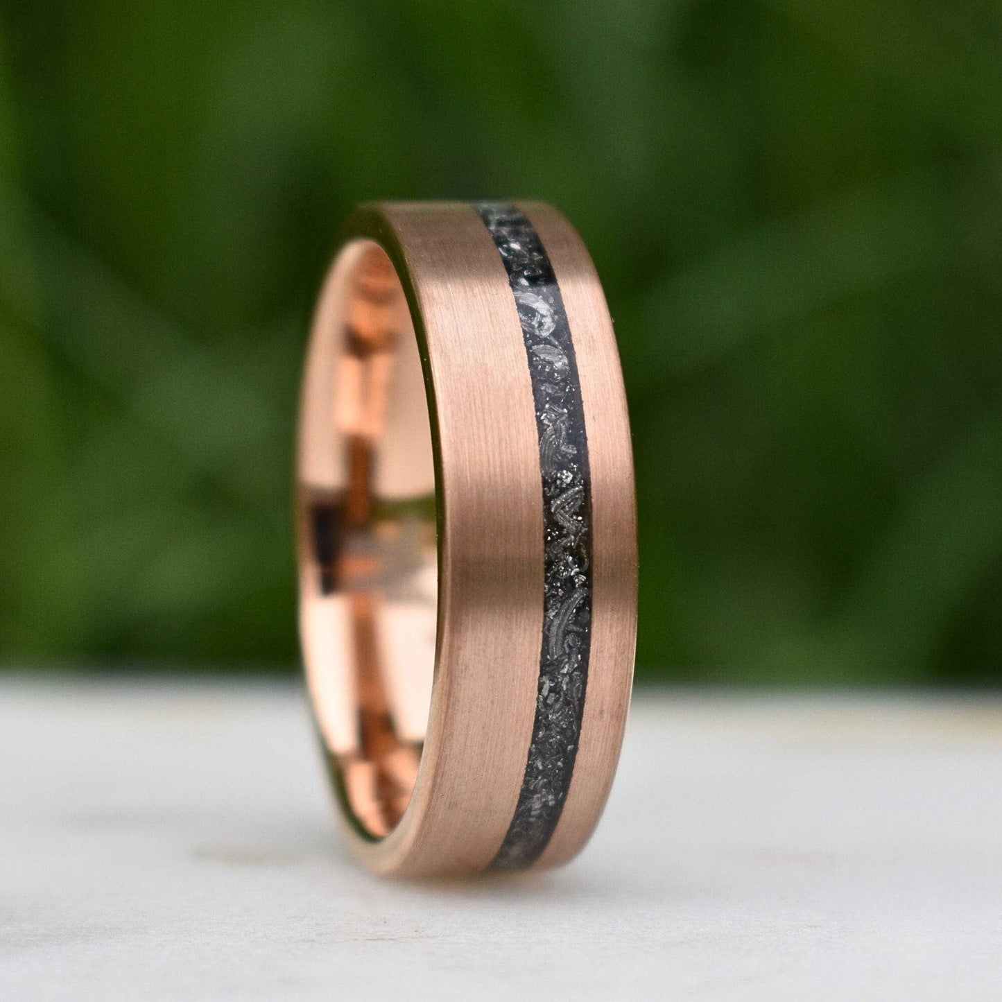 Tungsten 8mm Ring Rose Gold with Black Druzy Quartz and Meteorite - Tungsten Titans