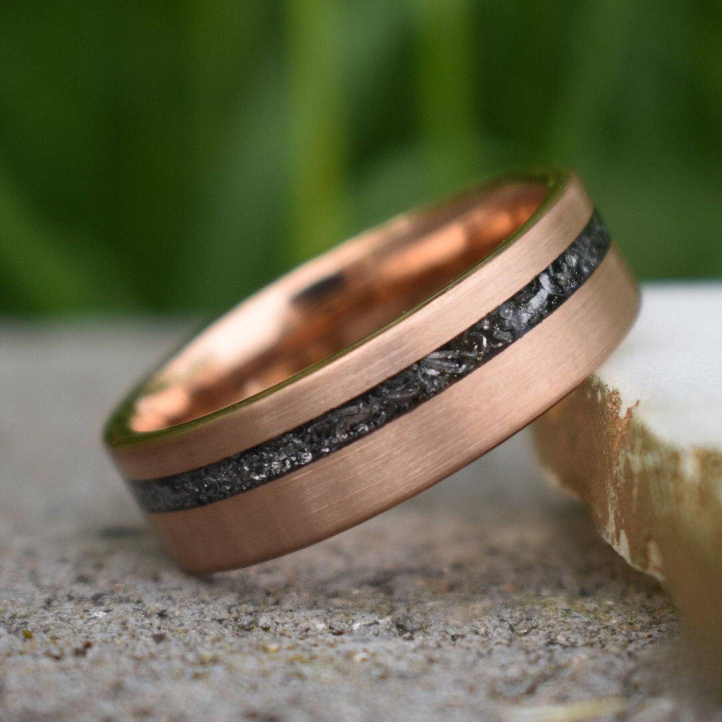 Tungsten 8mm Ring Rose Gold with Black Druzy Quartz and Meteorite - Tungsten Titans