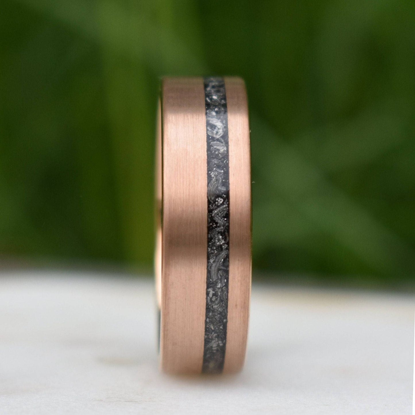 Tungsten 8mm Ring Rose Gold with Black Druzy Quartz and Meteorite - Tungsten Titans