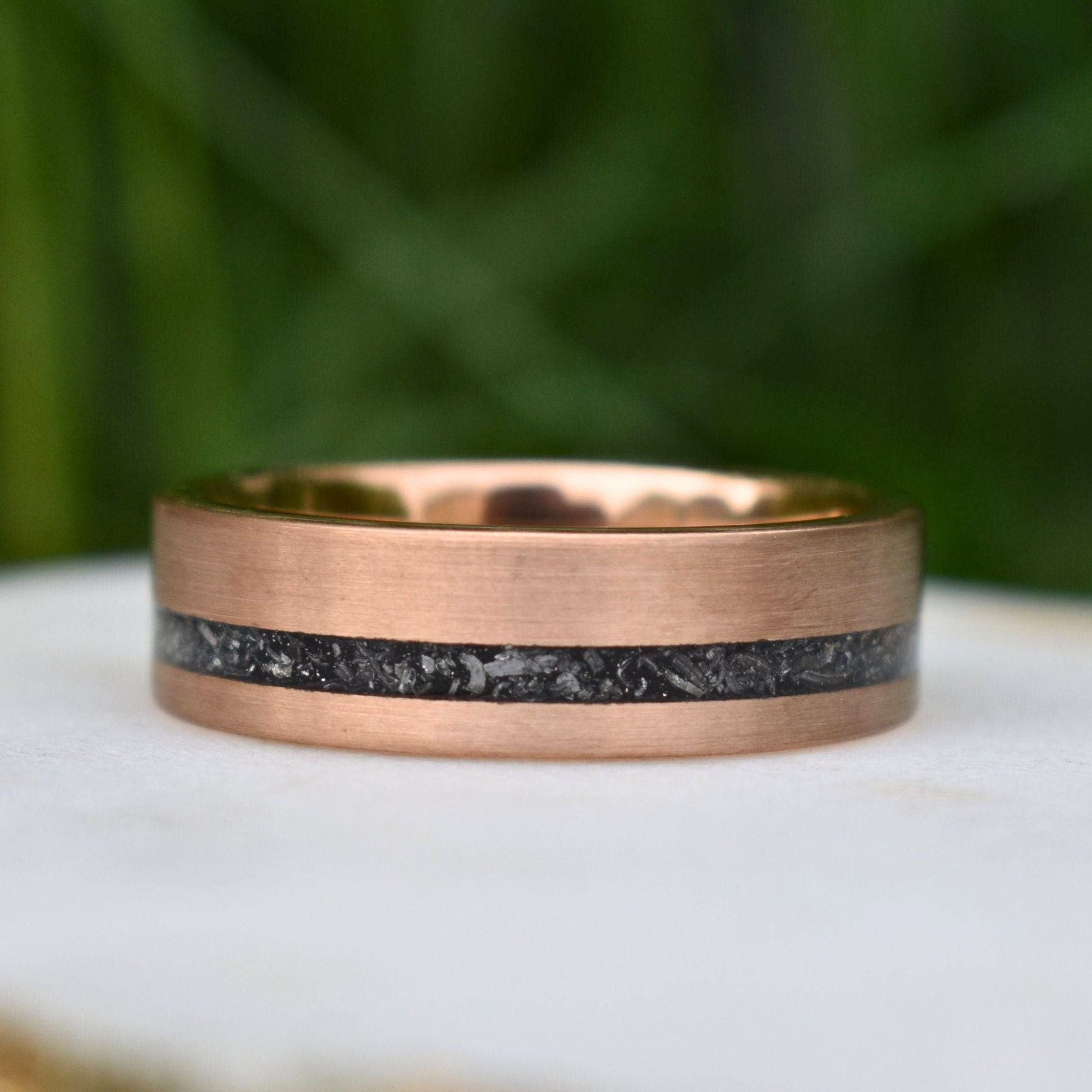 Tungsten 8mm Ring Rose Gold with Black Druzy Quartz and Meteorite - Tungsten Titans