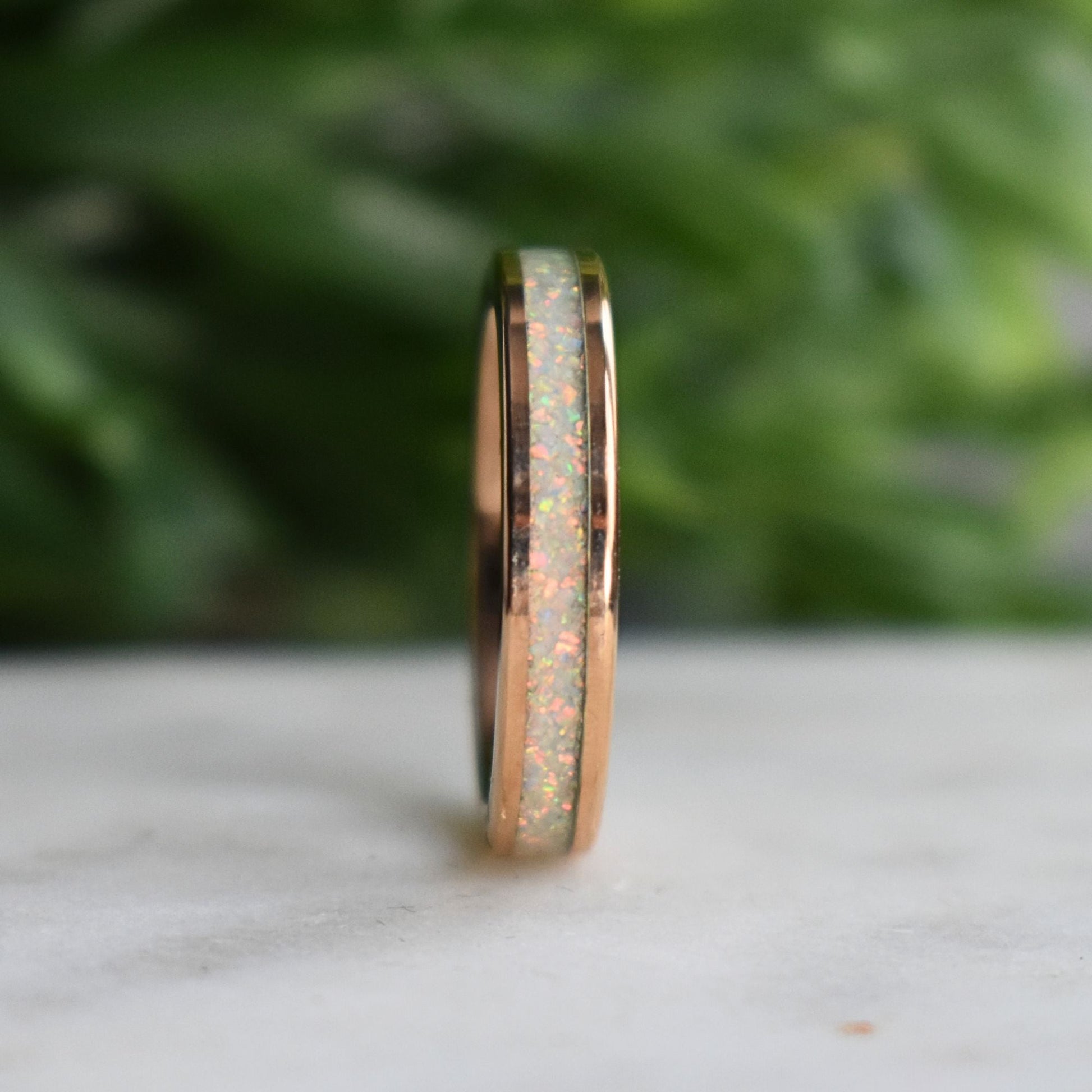 Tungsten 4mm Rose Gold Ring Crushed White Opal Wedding Band - Tungsten Titans