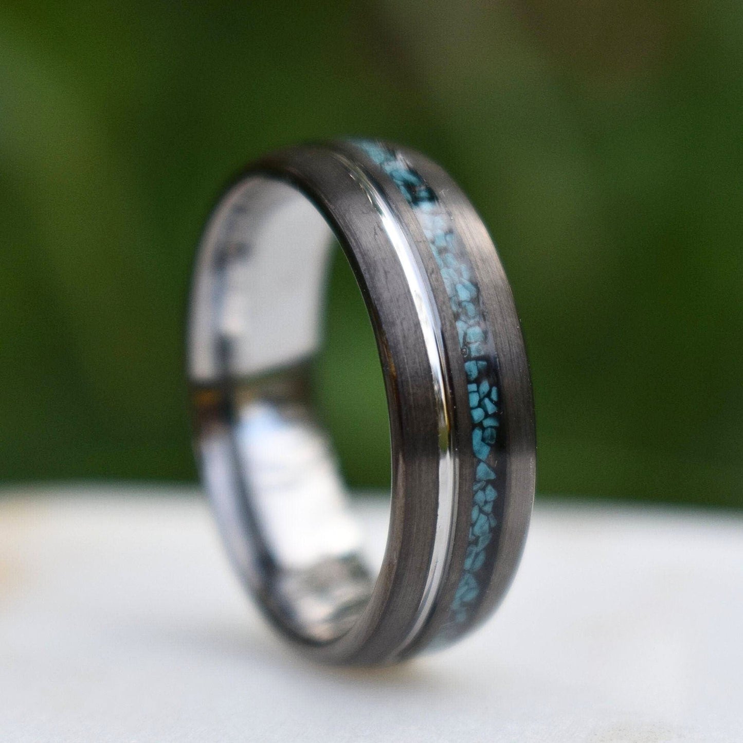 Tungsten 8mm Ring Grey with Silver Accent and Crushed Turquoise - Tungsten Titans