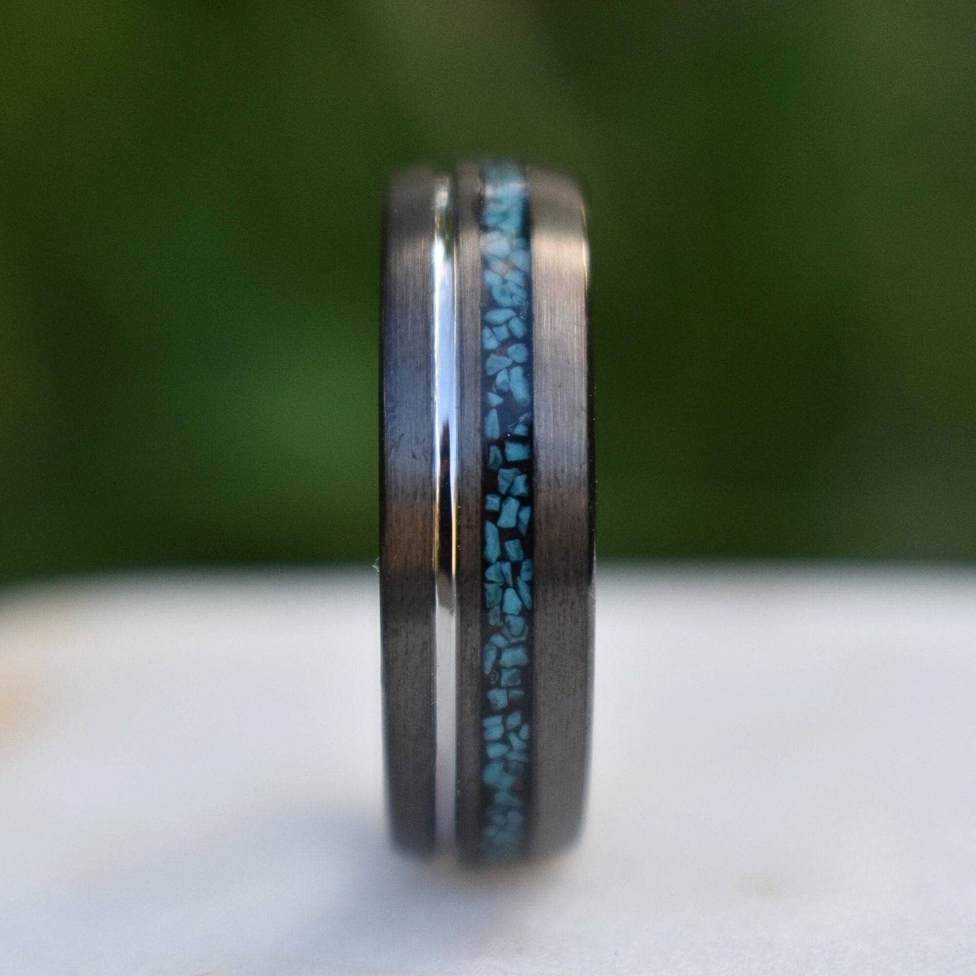 Tungsten 8mm Ring Grey with Silver Accent and Crushed Turquoise - Tungsten Titans