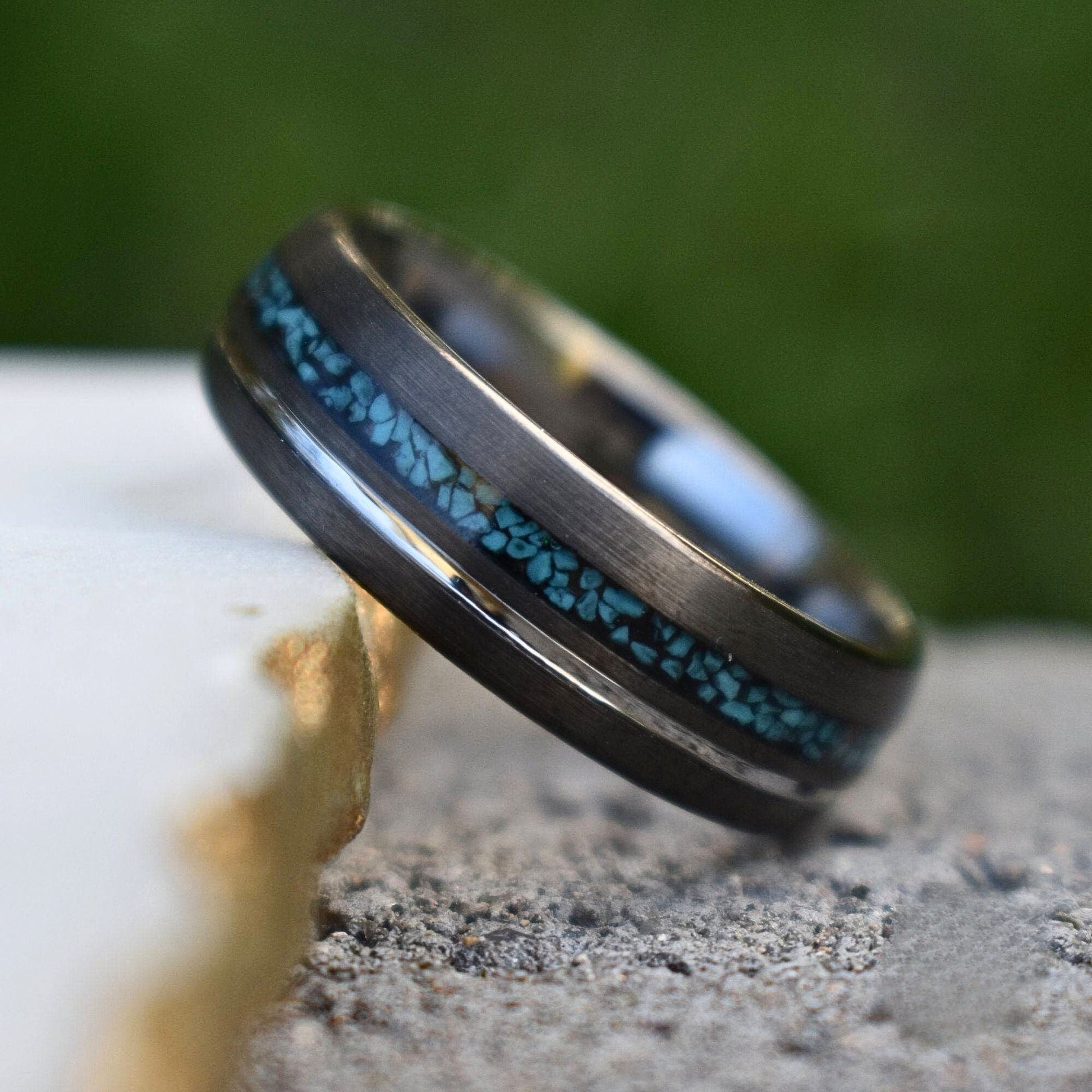 Tungsten 8mm Ring Grey with Silver Accent and Crushed Turquoise - Tungsten Titans