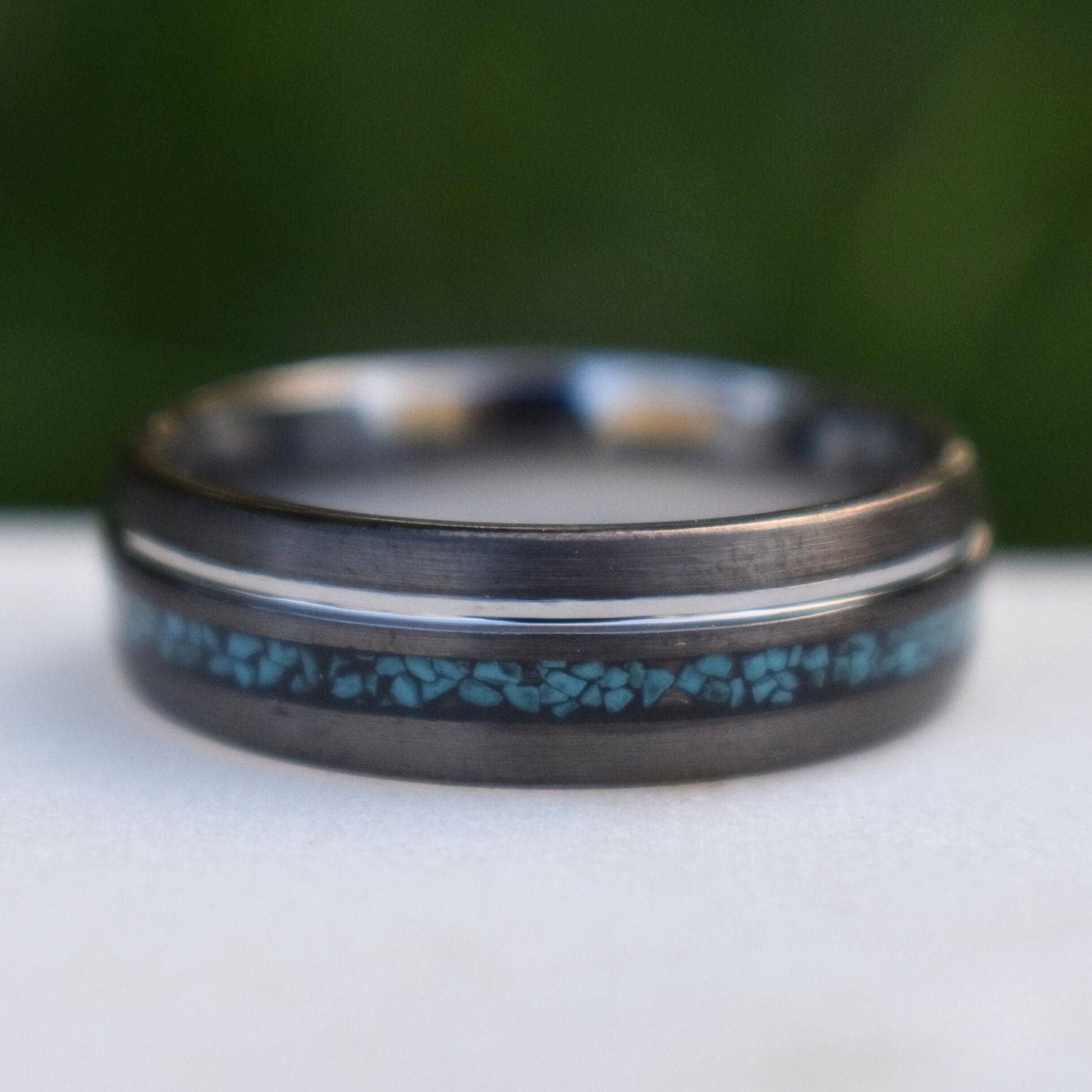 Tungsten 8mm Ring Grey with Silver Accent and Crushed Turquoise - Tungsten Titans