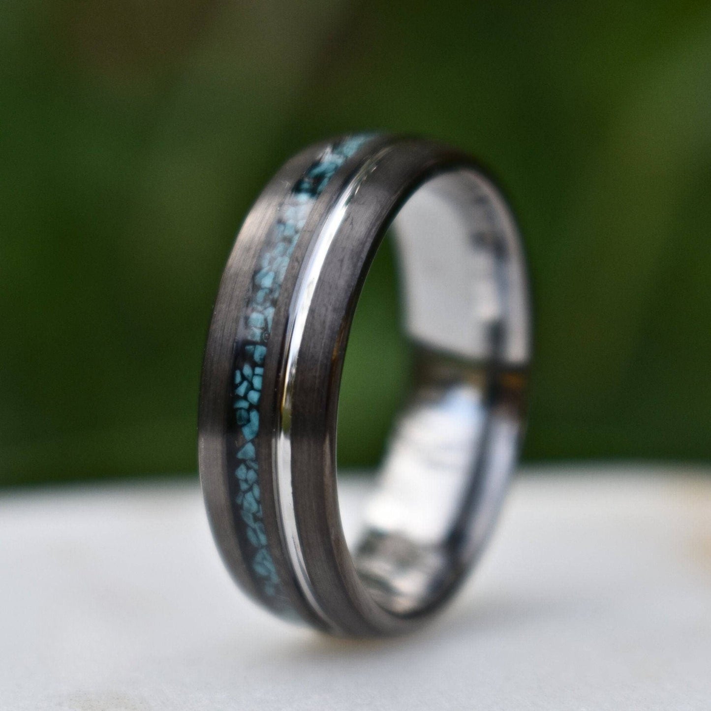 Tungsten 8mm Ring Grey with Silver Accent and Crushed Turquoise - Tungsten Titans