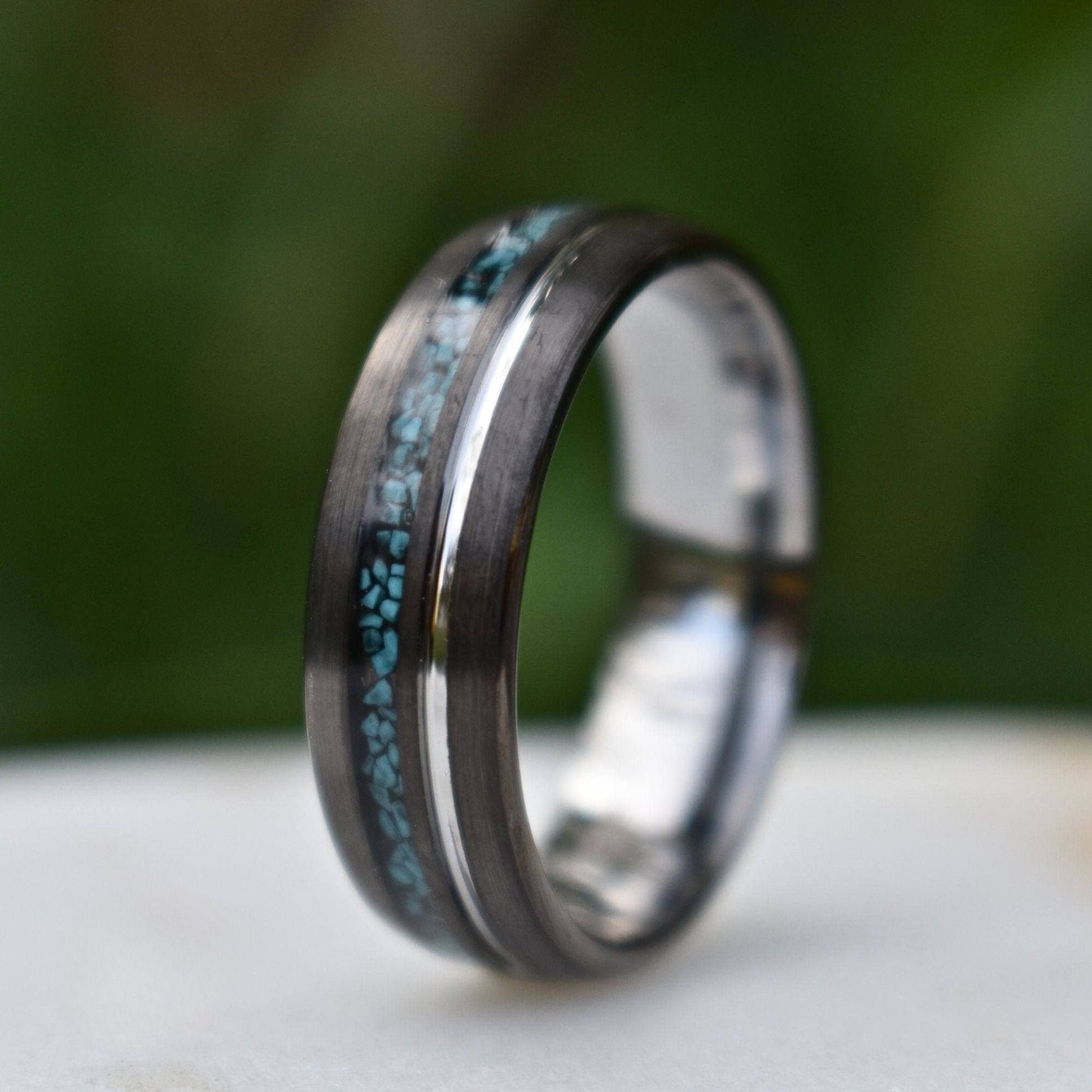 Tungsten 8mm Ring Grey with Silver Accent and Crushed Turquoise - Tungsten Titans