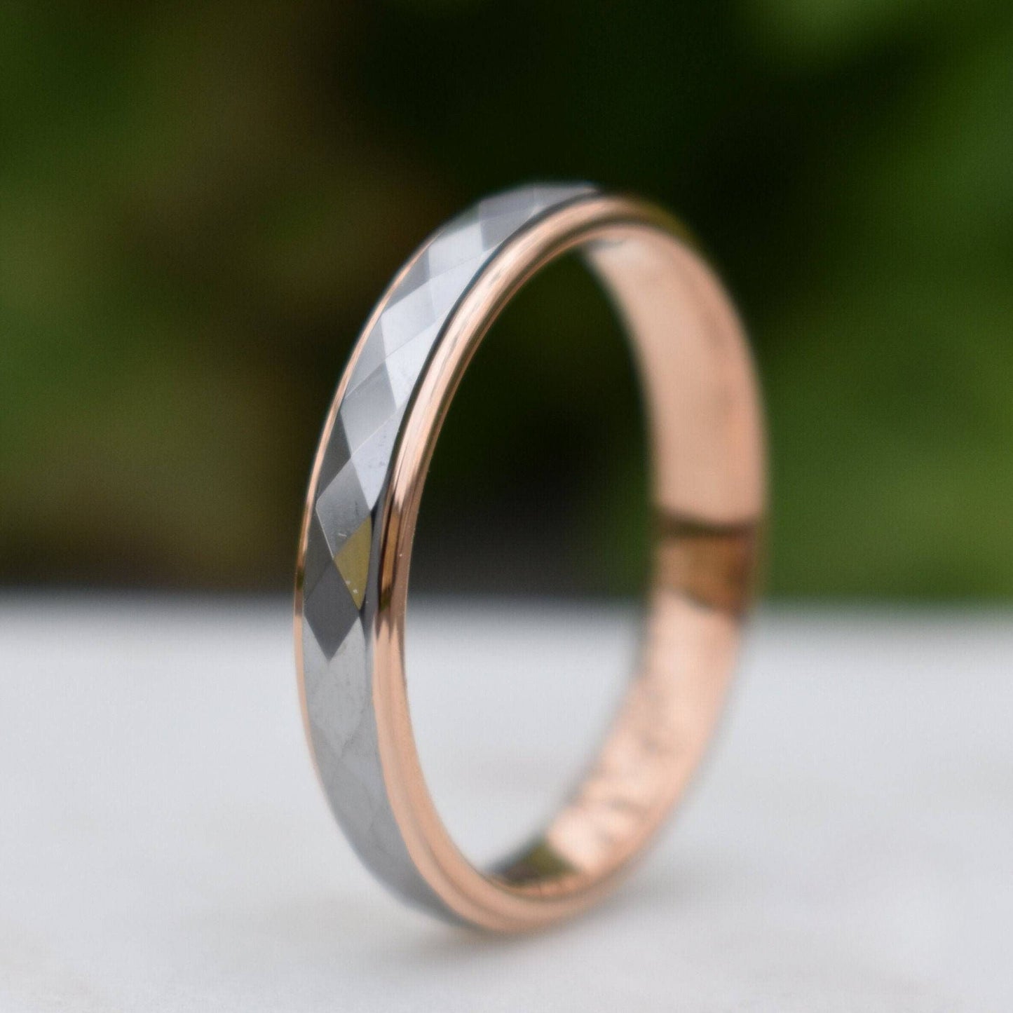 Tungsten 4mm Diamond Facet Silver Ring with Rose Gold Edges - Tungsten Titans