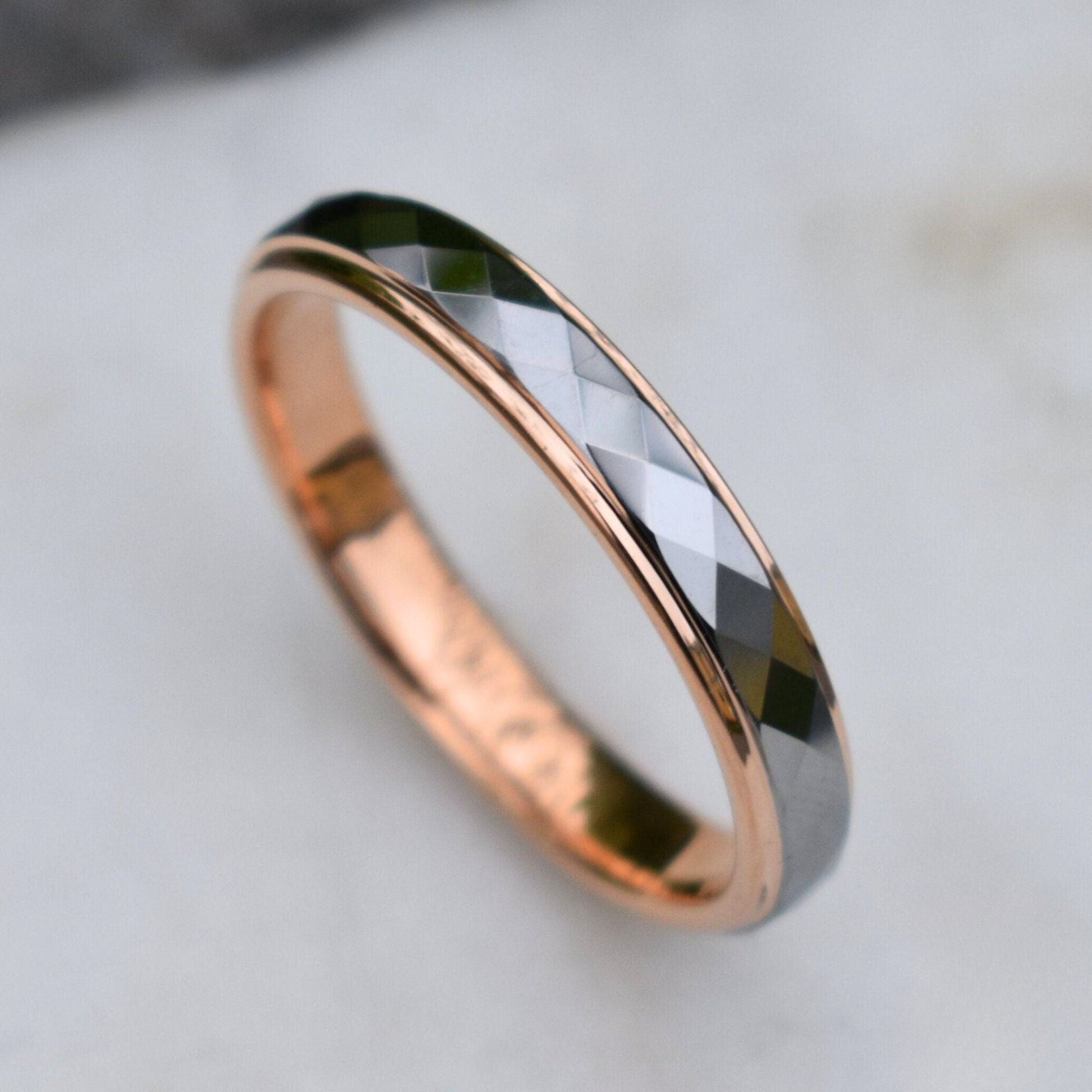 Tungsten 4mm Diamond Facet Silver Ring with Rose Gold Edges - Tungsten Titans