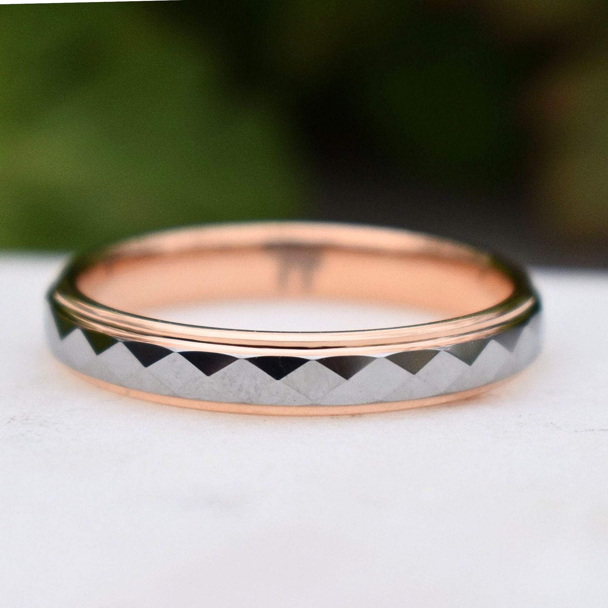 Tungsten 4mm Diamond Facet Silver Ring with Rose Gold Edges - Tungsten Titans