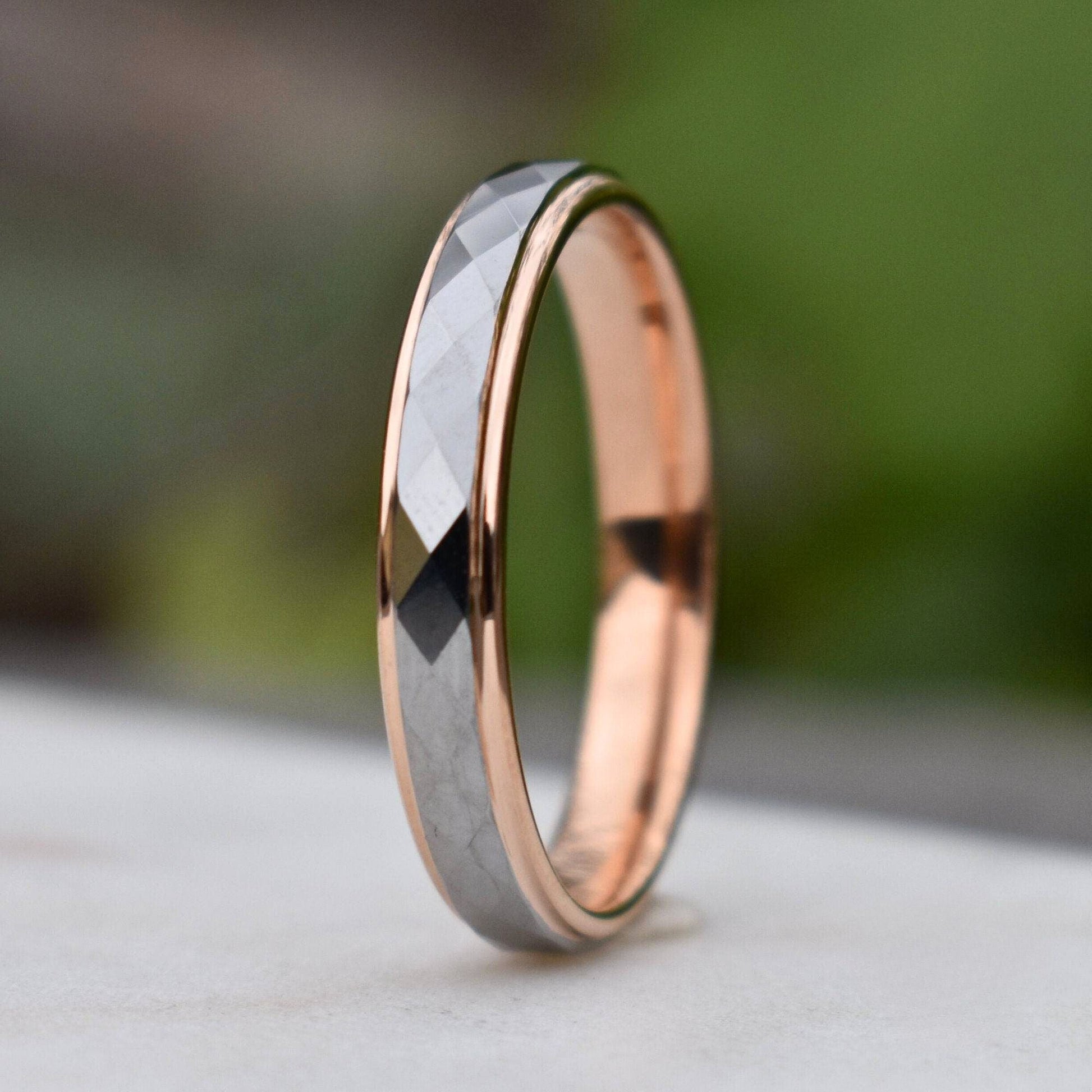 Tungsten 4mm Diamond Facet Silver Ring with Rose Gold Edges - Tungsten Titans
