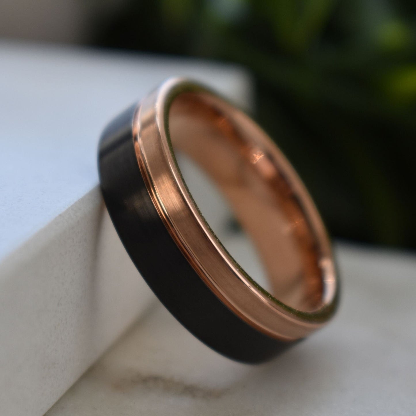Tungsten Ring 8mm Brushed Black and Rose Gold, Mens Ring, Mens Wedding Band