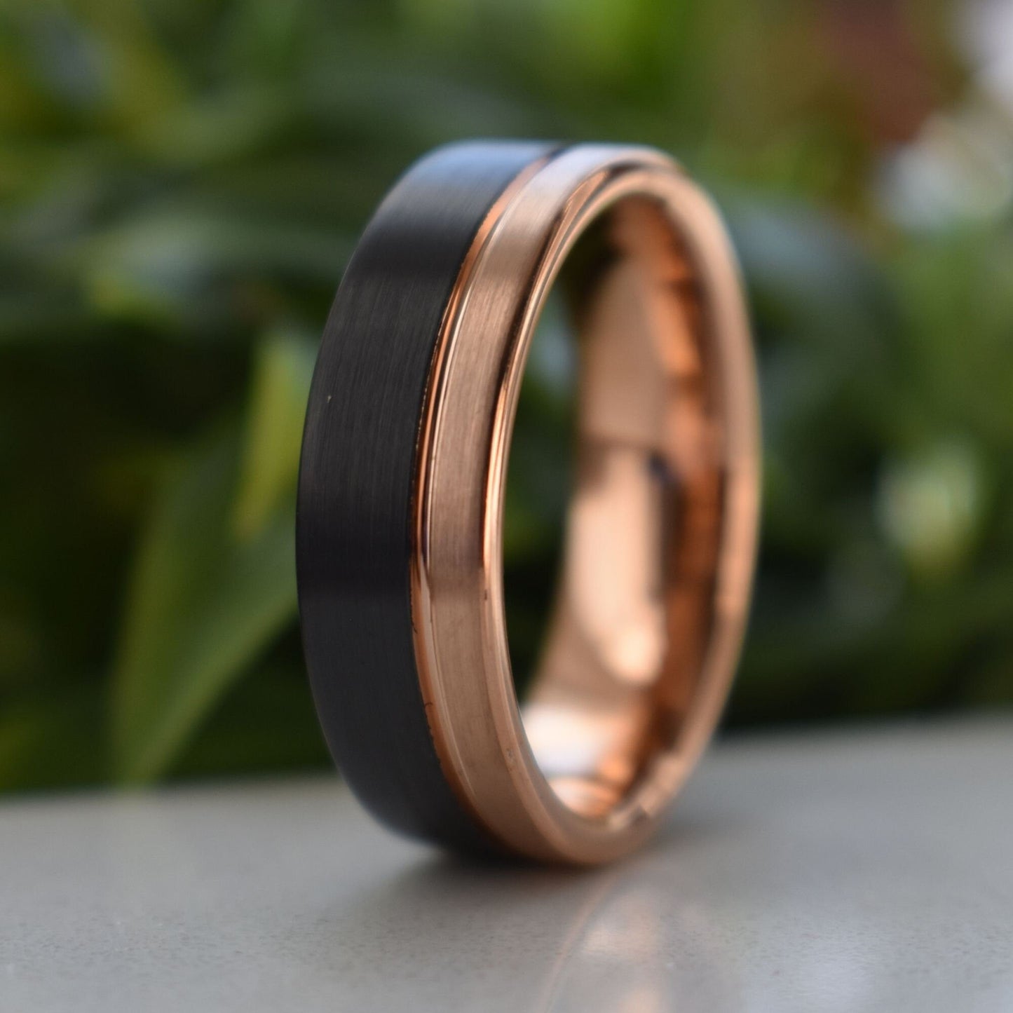 Tungsten Ring 8mm Brushed Black and Rose Gold, Mens Ring, Mens Wedding Band