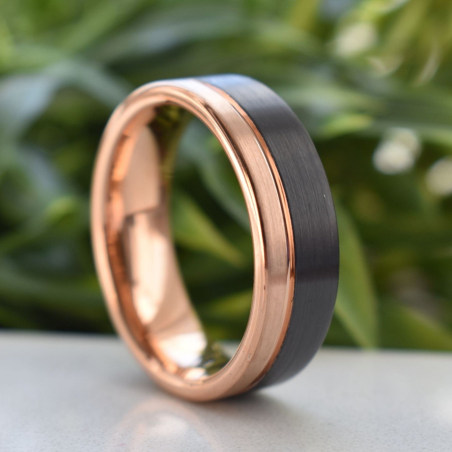 Tungsten Ring 8mm Brushed Black and Rose Gold, Mens Ring, Mens Wedding Band