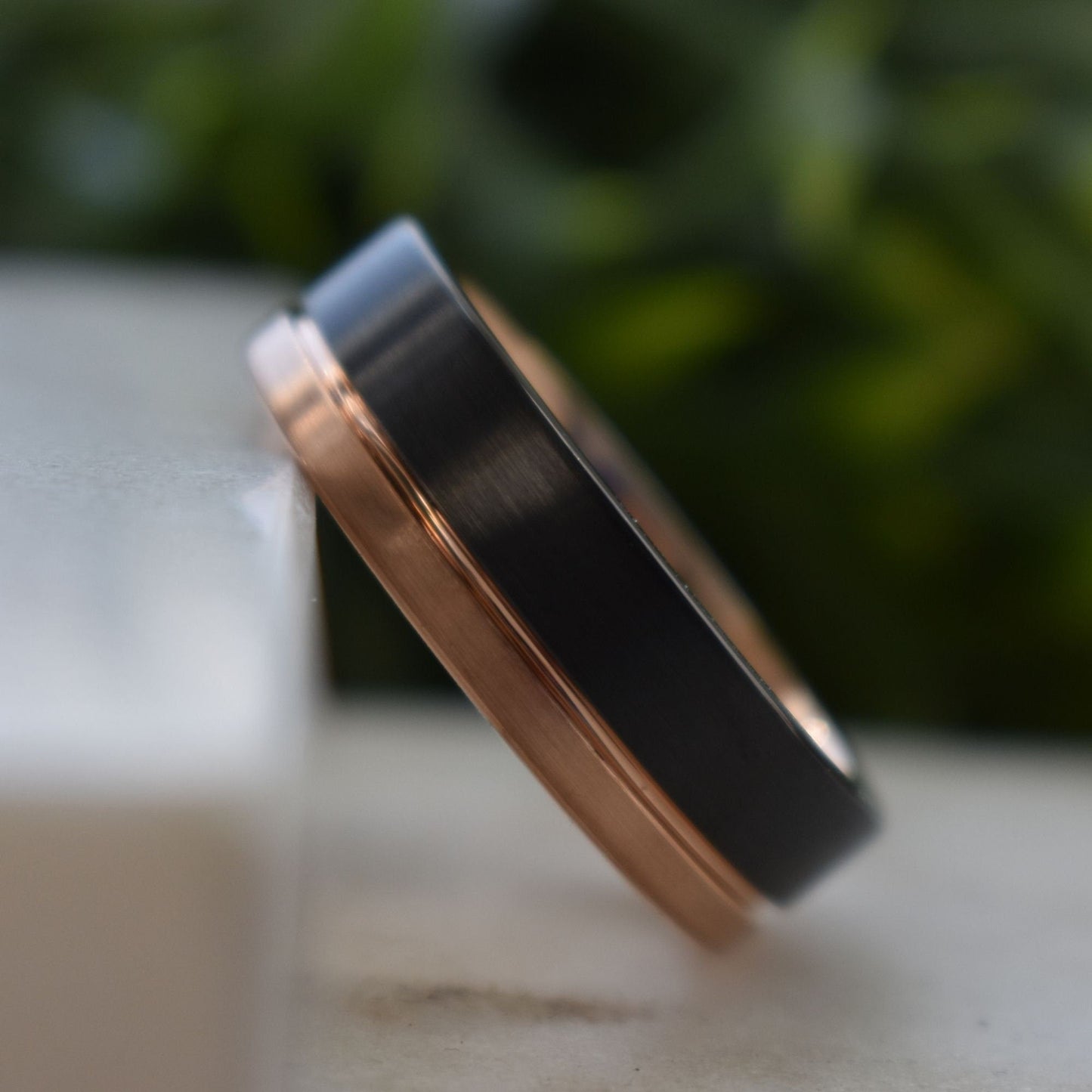 Tungsten Ring 8mm Brushed Black and Rose Gold, Mens Ring, Mens Wedding Band