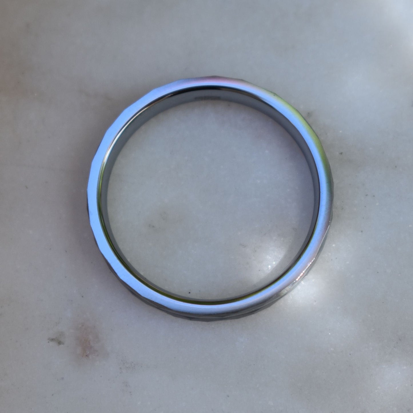 Tungsten 4mm Hammered Ring with Crushed Opal Centre, Wedding Ring, Wedding Band