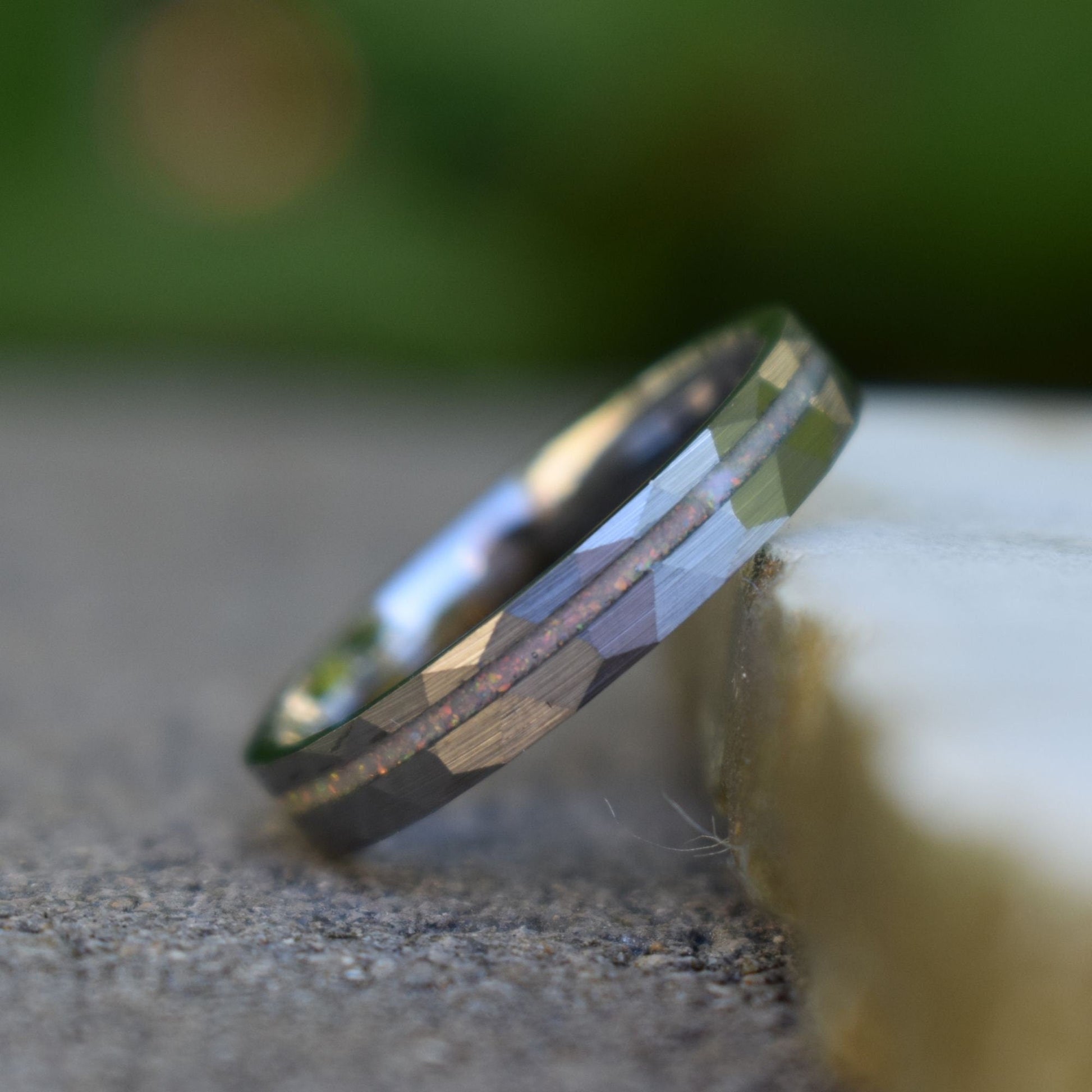 Tungsten 4mm Hammered Ring with Crushed Opal Centre, Wedding Ring, Wedding Band