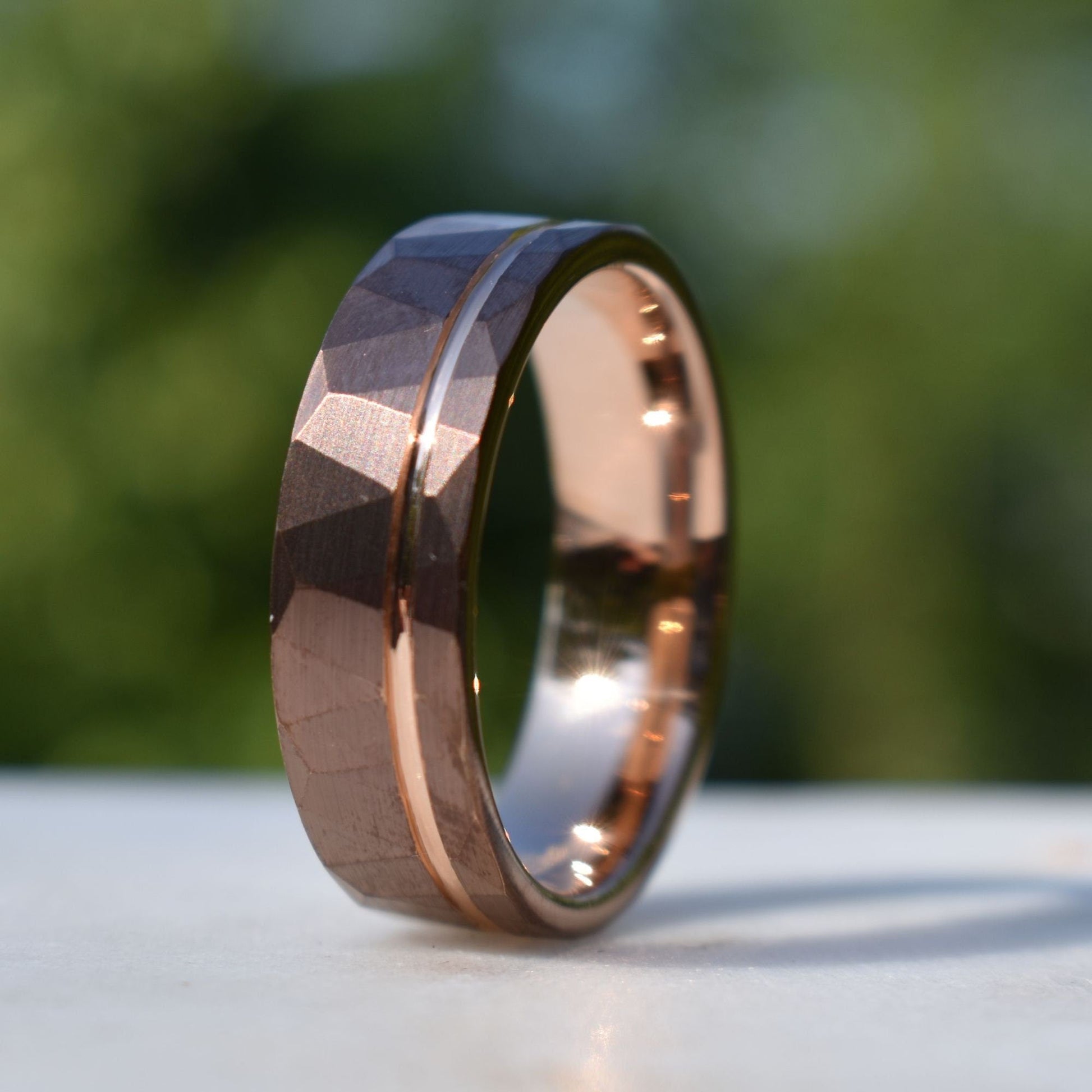 Hammered 8mm Chocolate Tungsten Ring with Rose Gold Accent, Mens Ring, Mens Wedding Band