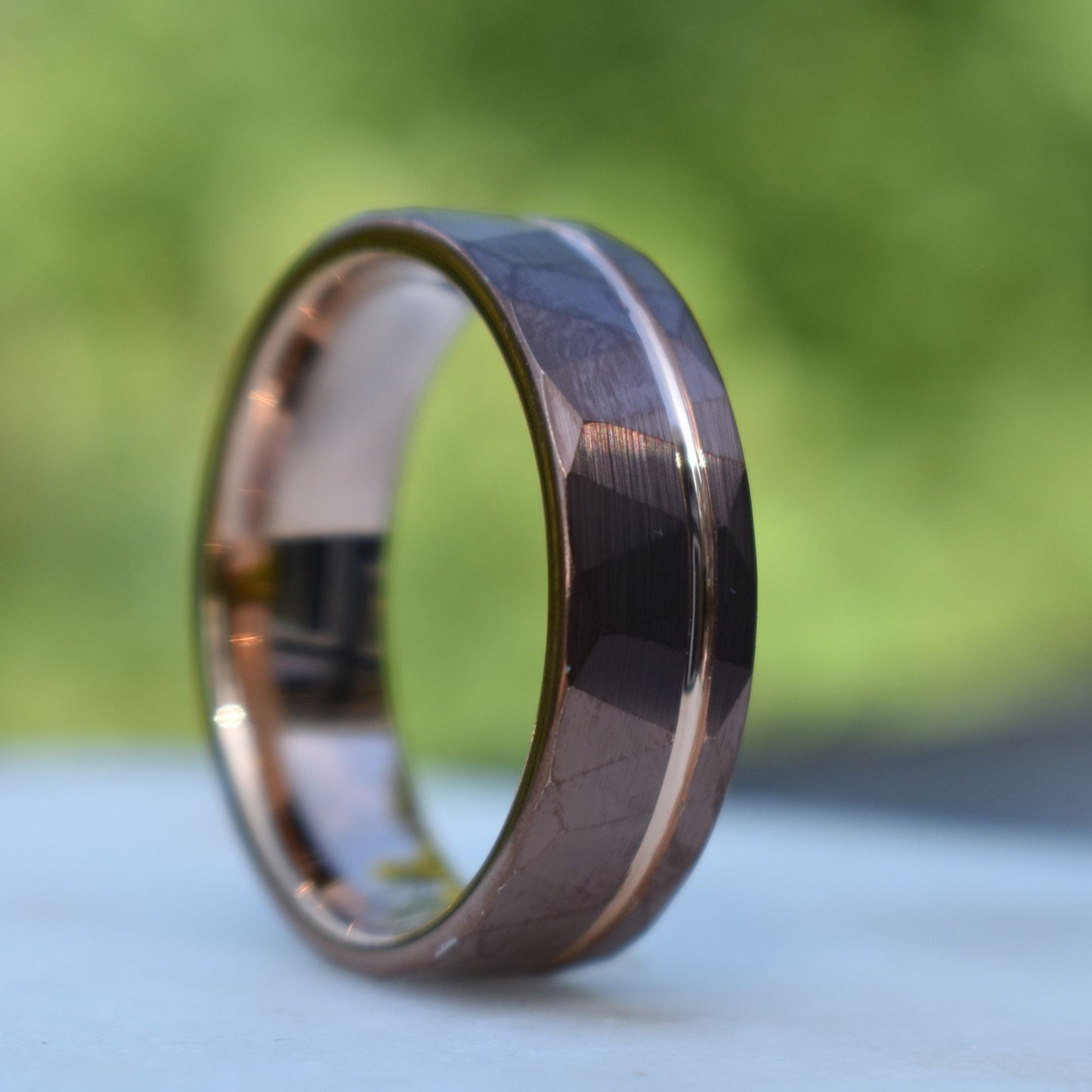 Hammered 8mm Chocolate Tungsten Ring with Rose Gold Accent, Mens Ring, Mens Wedding Band