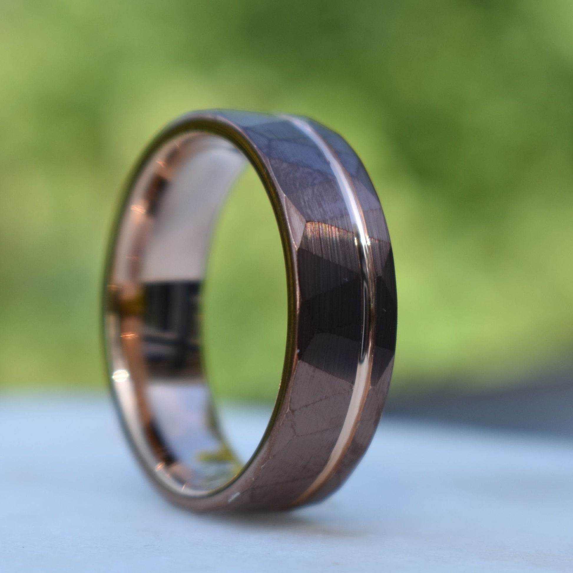 Hammered 8mm Chocolate Tungsten Ring with Rose Gold Accent, Mens Ring, Mens Wedding Band