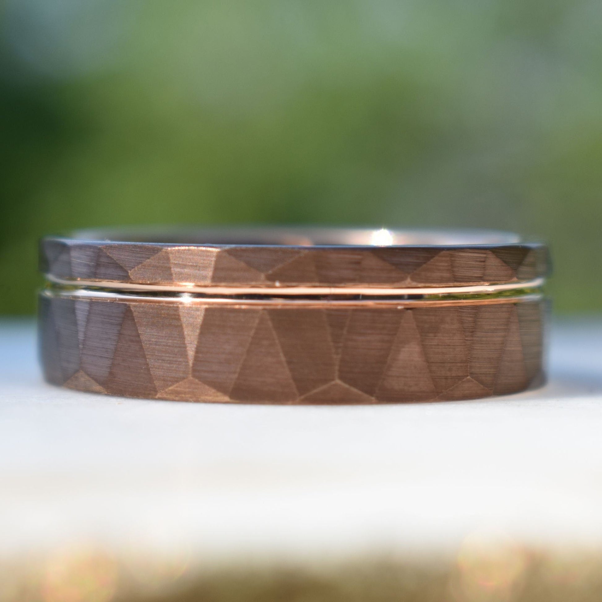 Hammered 8mm Chocolate Tungsten Ring with Rose Gold Accent, Mens Ring, Mens Wedding Band