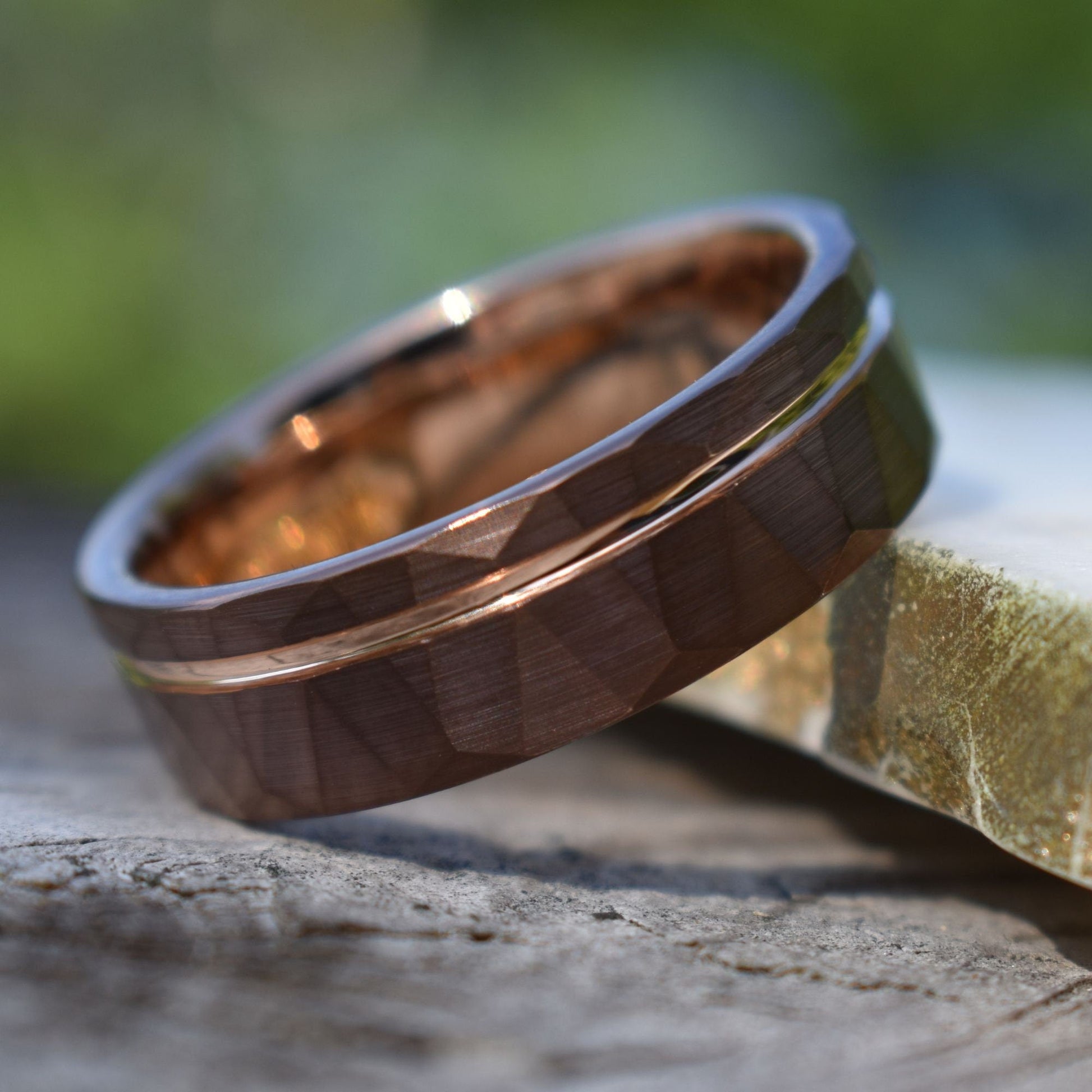Hammered 8mm Chocolate Tungsten Ring with Rose Gold Accent, Mens Ring, Mens Wedding Band