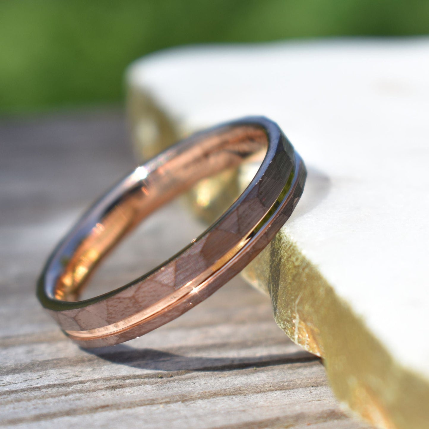 Hammered 4mm Chocolate Tungsten Ring with Rose Gold Accent, Mens Ring, Mens Wedding Band