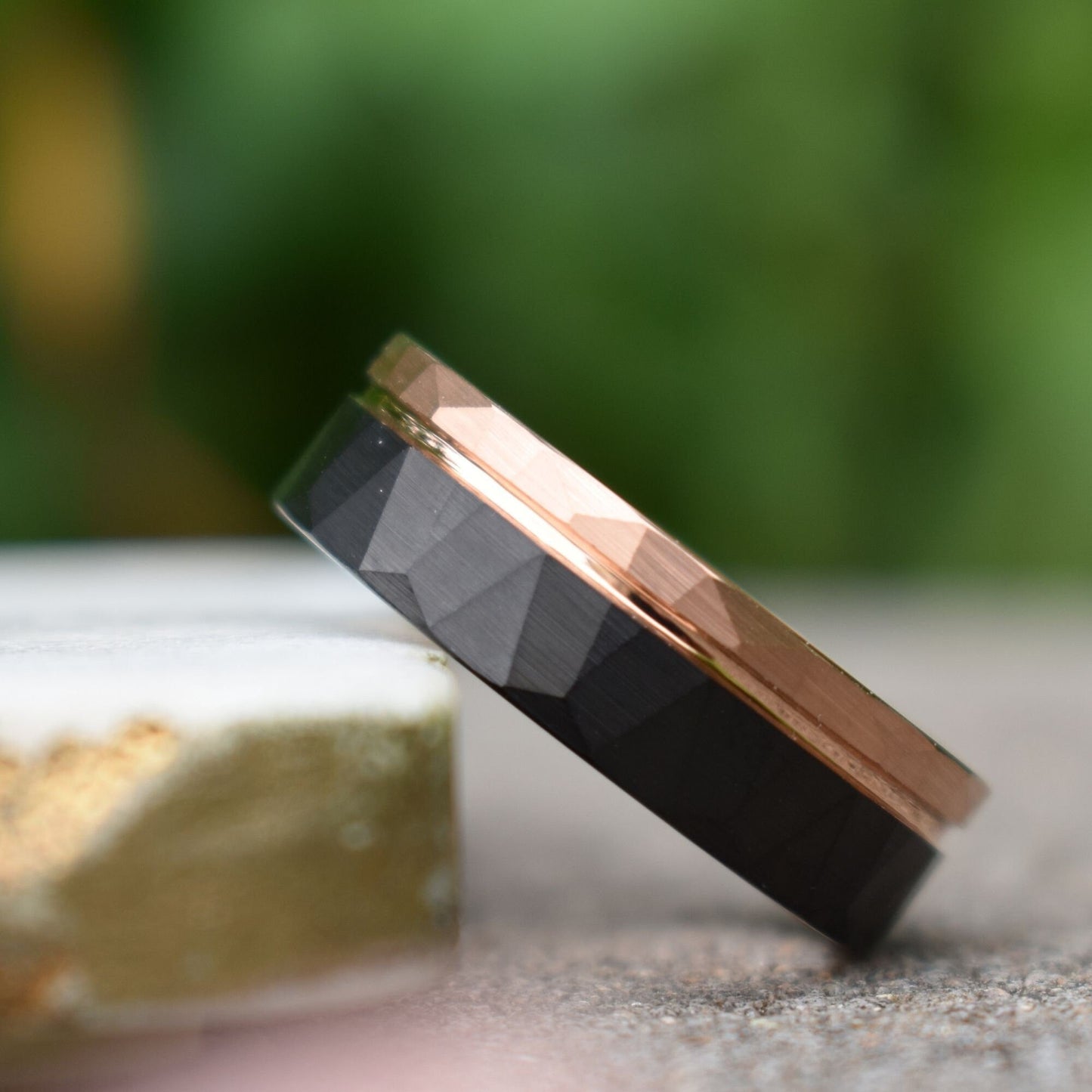 Hammered Tungsten Ring 8mm Black and Rose Gold Brushed with Polished Rose Gold Accent, Mens Ring, Mens Wedding Band