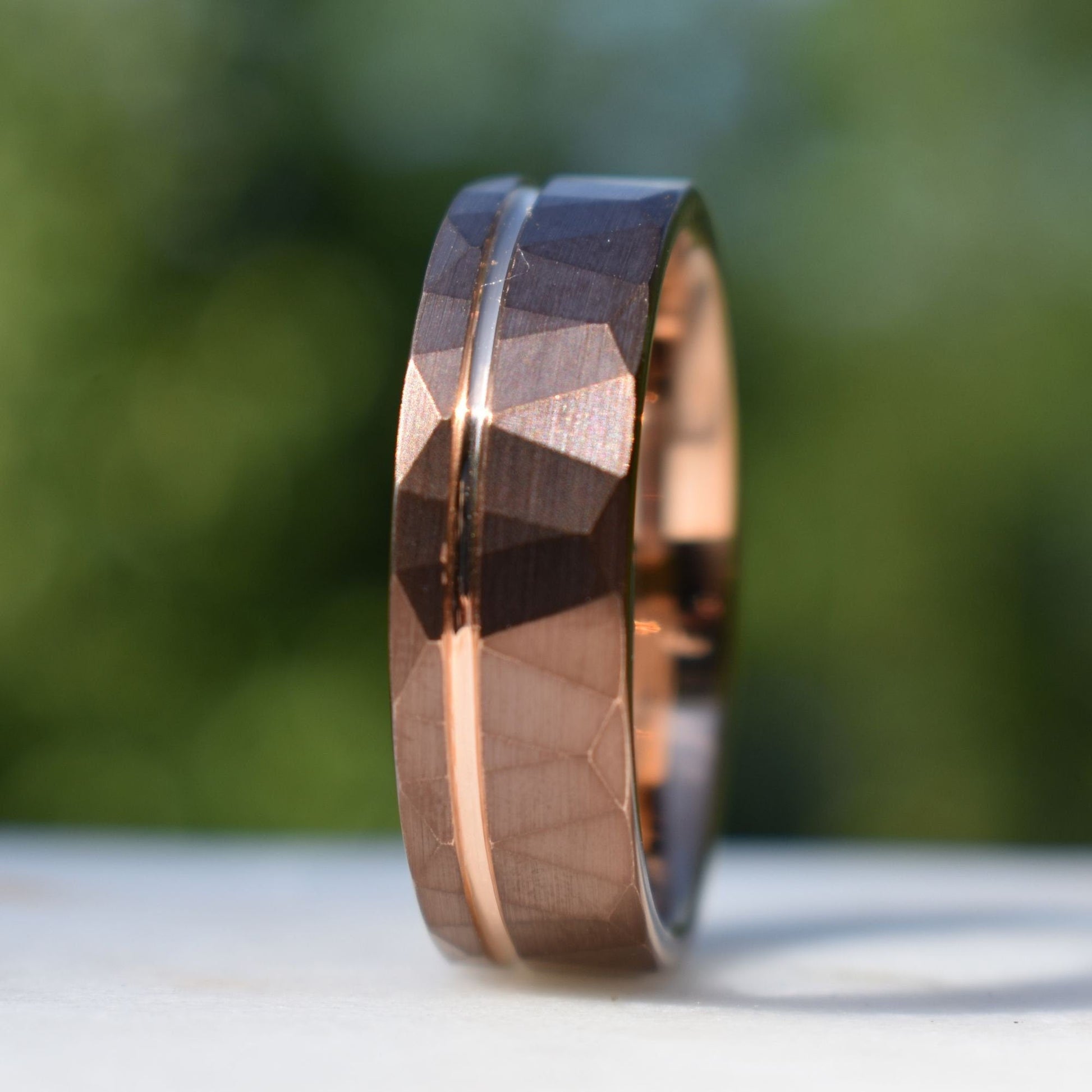 Hammered 8mm Chocolate Tungsten Ring with Rose Gold Accent, Mens Ring, Mens Wedding Band